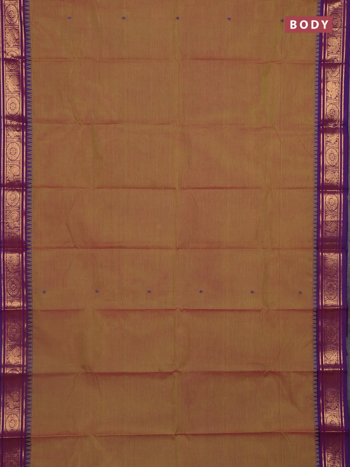 Chettinad cotton saree dual shade of greenish pink and purple with thread woven buttas and temple design zari woven border - Image 2