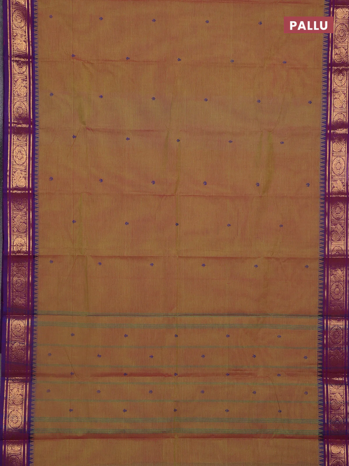 Chettinad cotton saree dual shade of greenish pink and purple with thread woven buttas and temple design zari woven border - Image 3