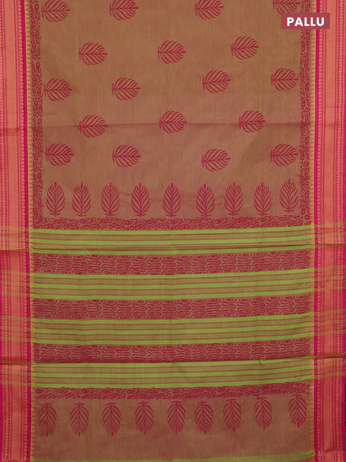 Chettinad cotton saree dual shade of light green and pink with butta prints and thread woven border - Image 3