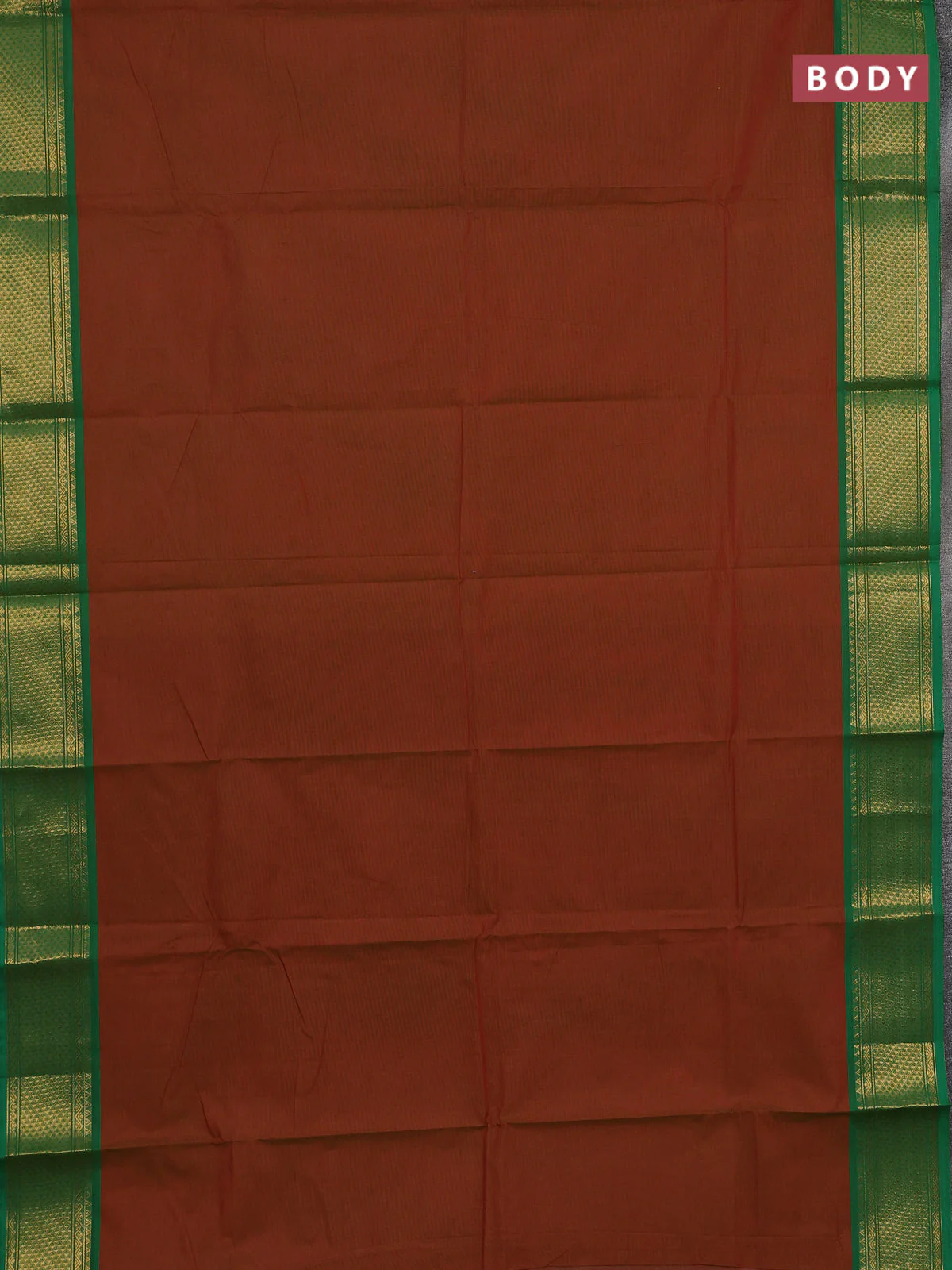Chettinad cotton saree dual shade of maroon and green with plain body and zari woven border - Image 2