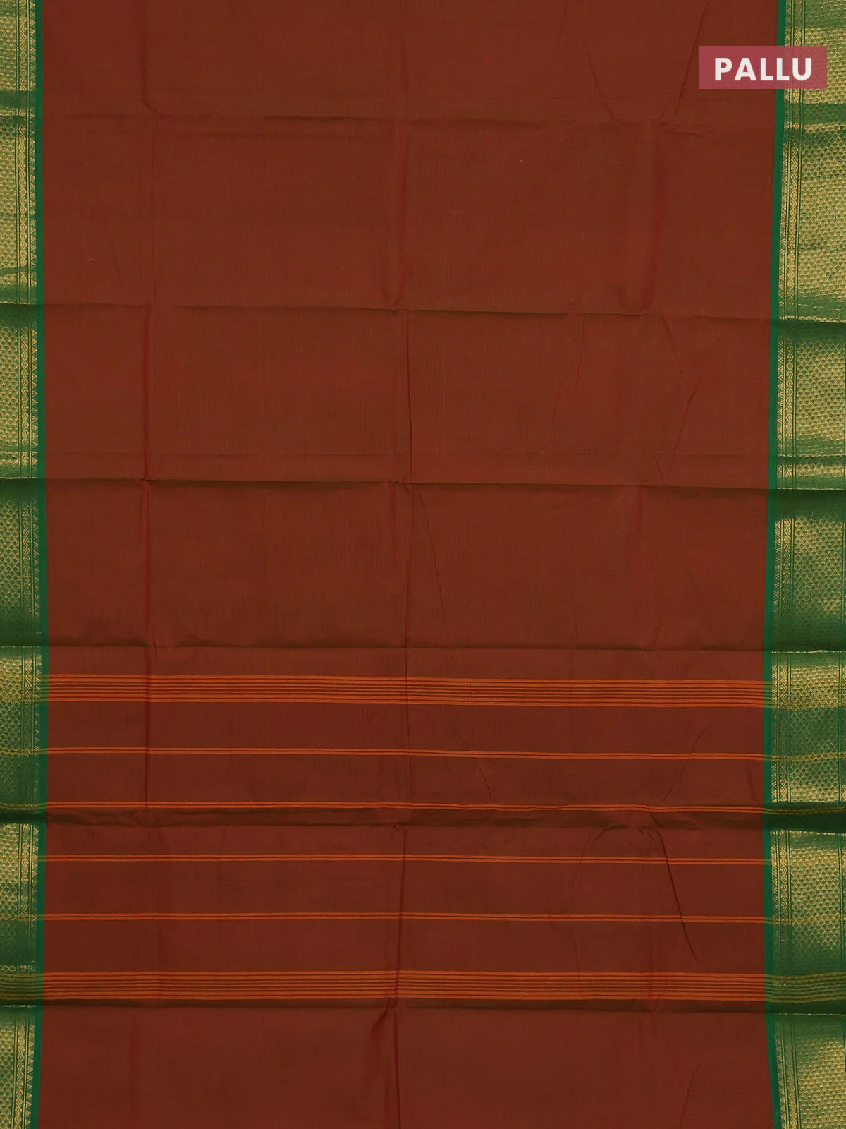 Chettinad cotton saree dual shade of maroon and green with plain body and zari woven border - Image 3