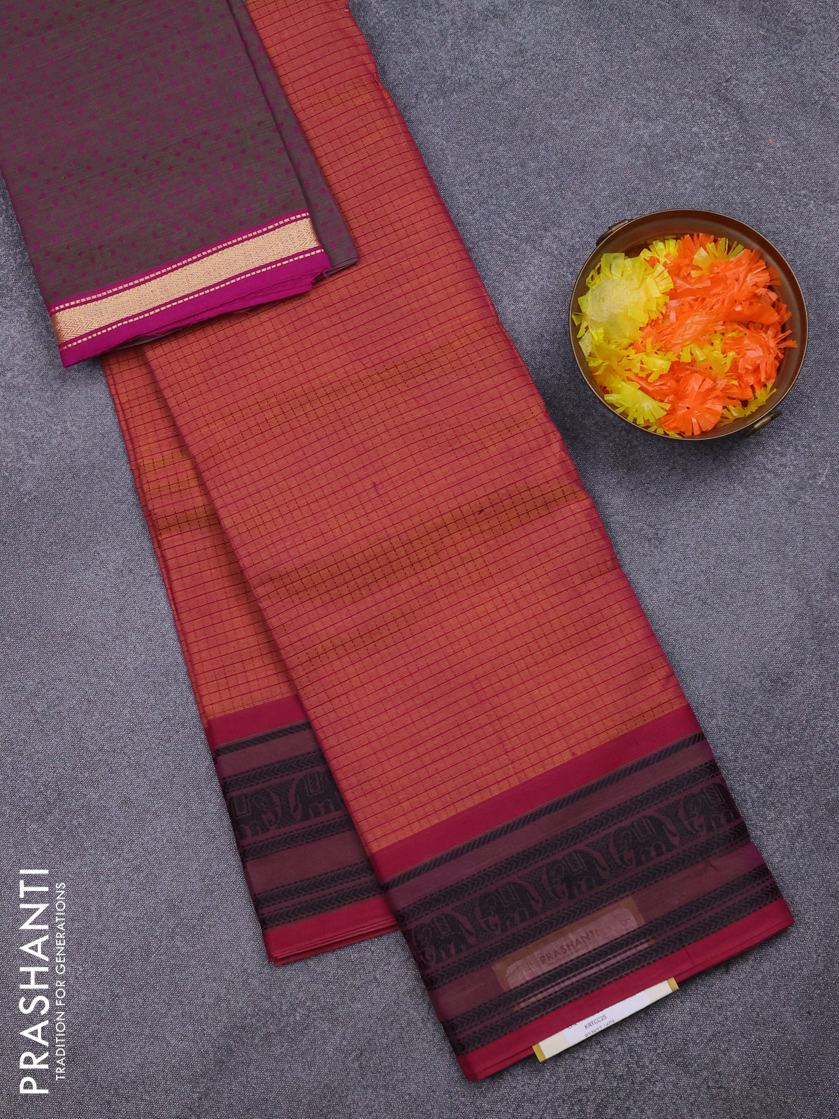 Chettinad cotton saree dual shade of mustard and pink with allover checked pattern and thread woven border