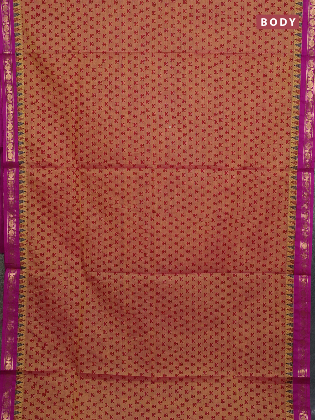 Chettinad cotton saree dual shade of mustard yellow and purple with allover prints and thread & zari woven border - Image 2