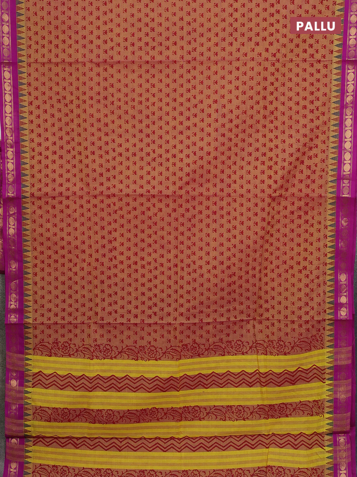 Chettinad cotton saree dual shade of mustard yellow and purple with allover prints and thread & zari woven border - Image 3