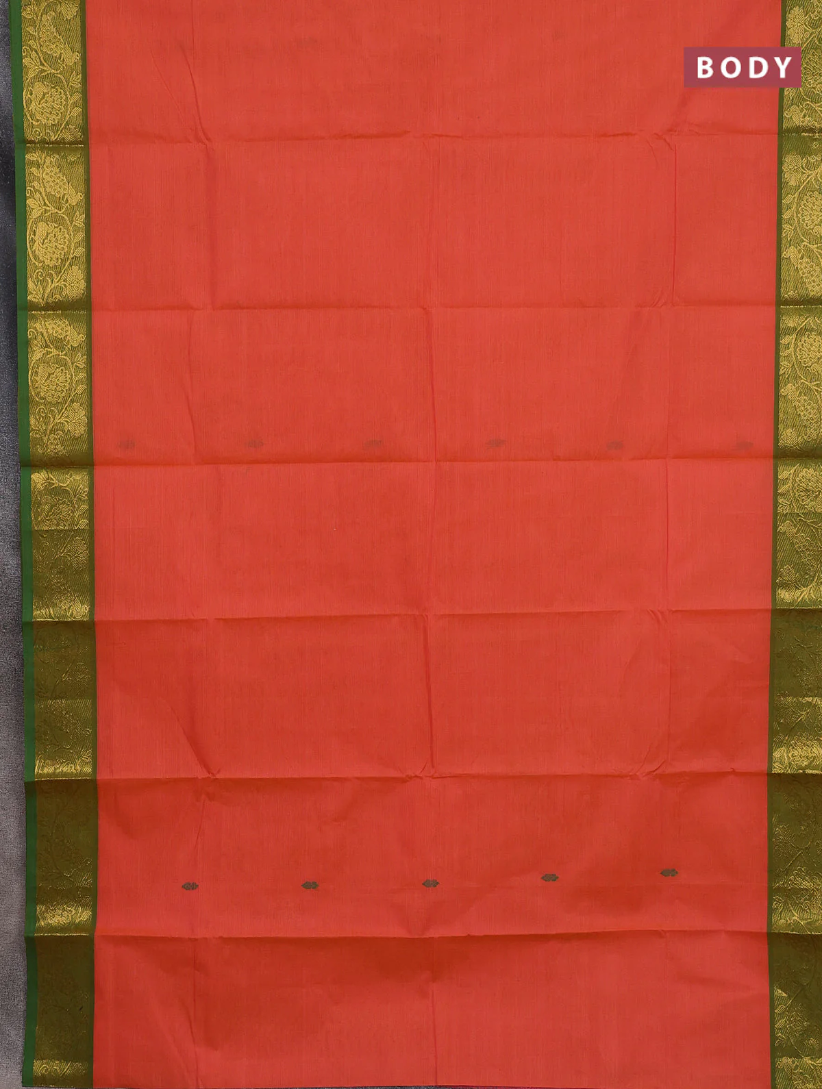 Chettinad cotton saree dual shade of orange and green with thread woven buttas and peacock zari woven border - Image 2