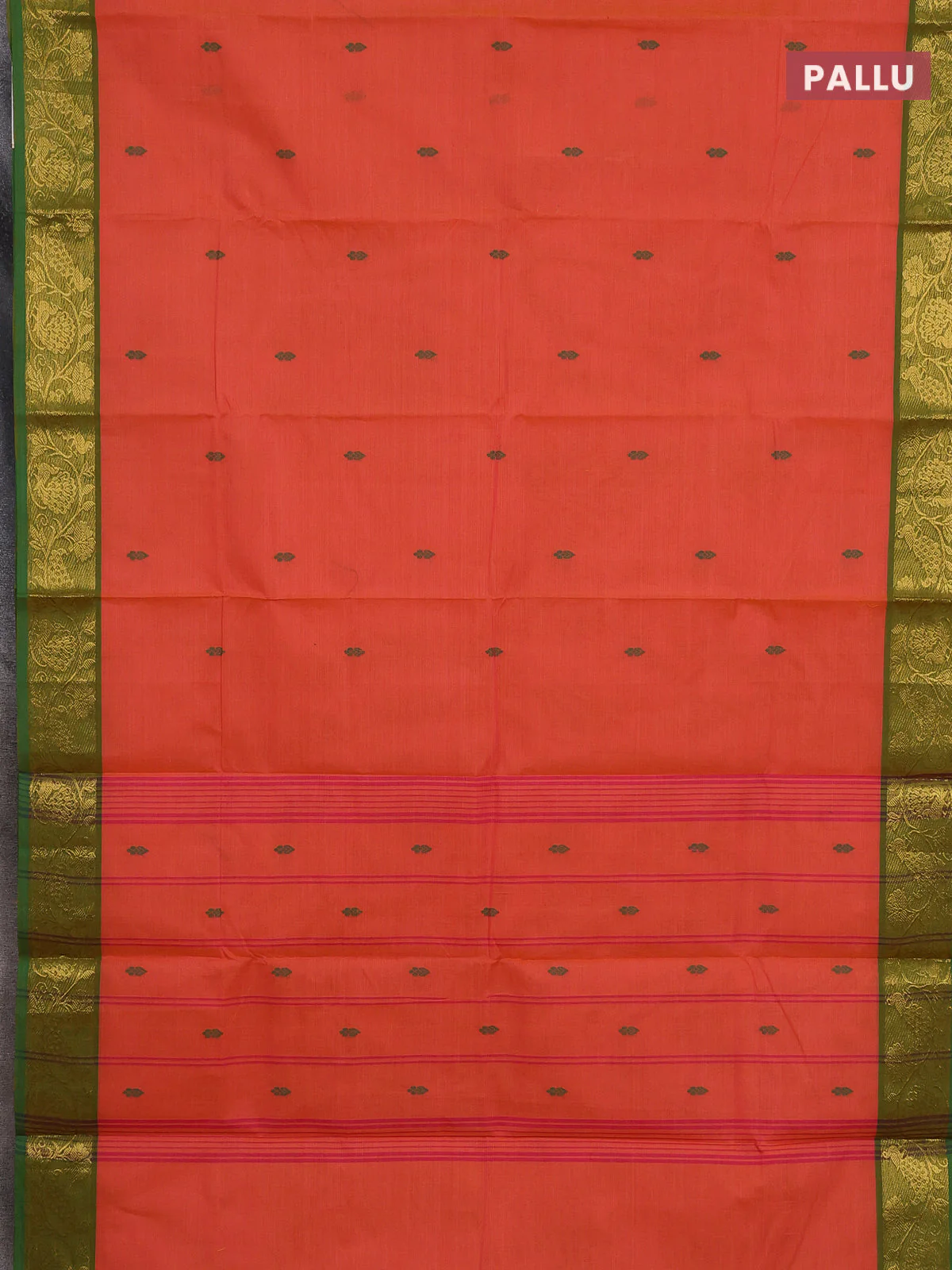 Chettinad cotton saree dual shade of orange and green with thread woven buttas and peacock zari woven border - Image 3