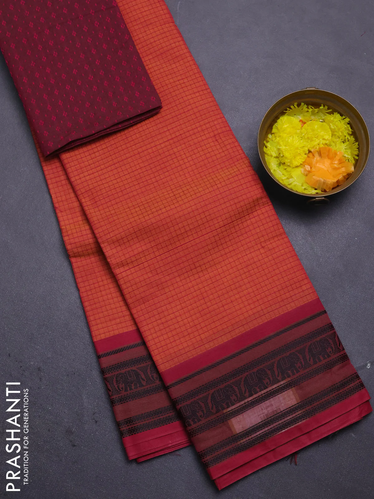 Chettinad cotton saree dual shade of pink and maroon with allover checked pattern and thread woven border