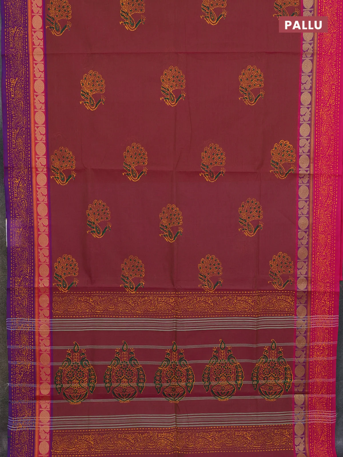 Chettinad cotton saree dual shade of pink with annam butta prints and ganga jamuna border - Image 3