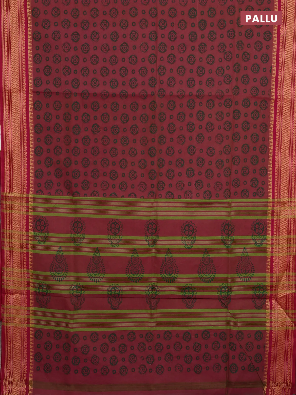 Chettinad cotton saree dual shade of pinkish green and dark pink with allover butta prints and thread woven border - Image 3