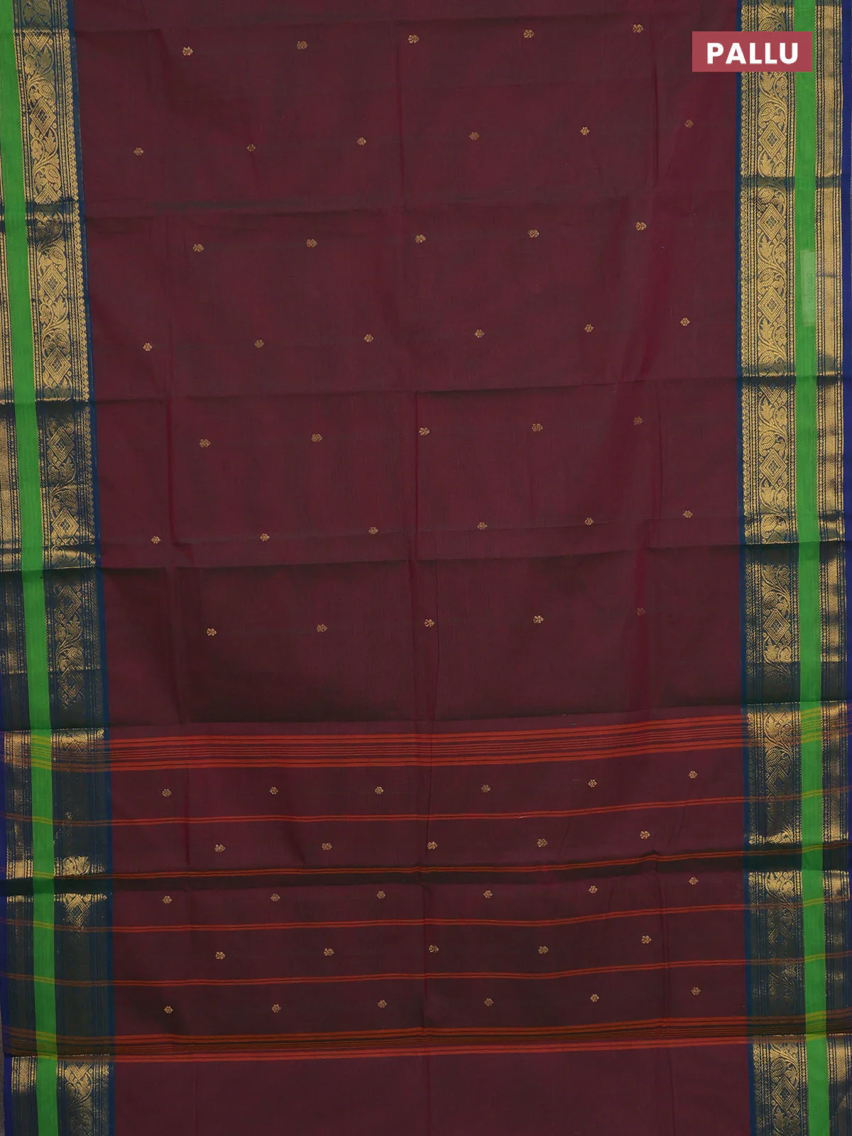 Chettinad cotton saree dual shade of purple and green with zari woven buttas and zari woven border - Image 3