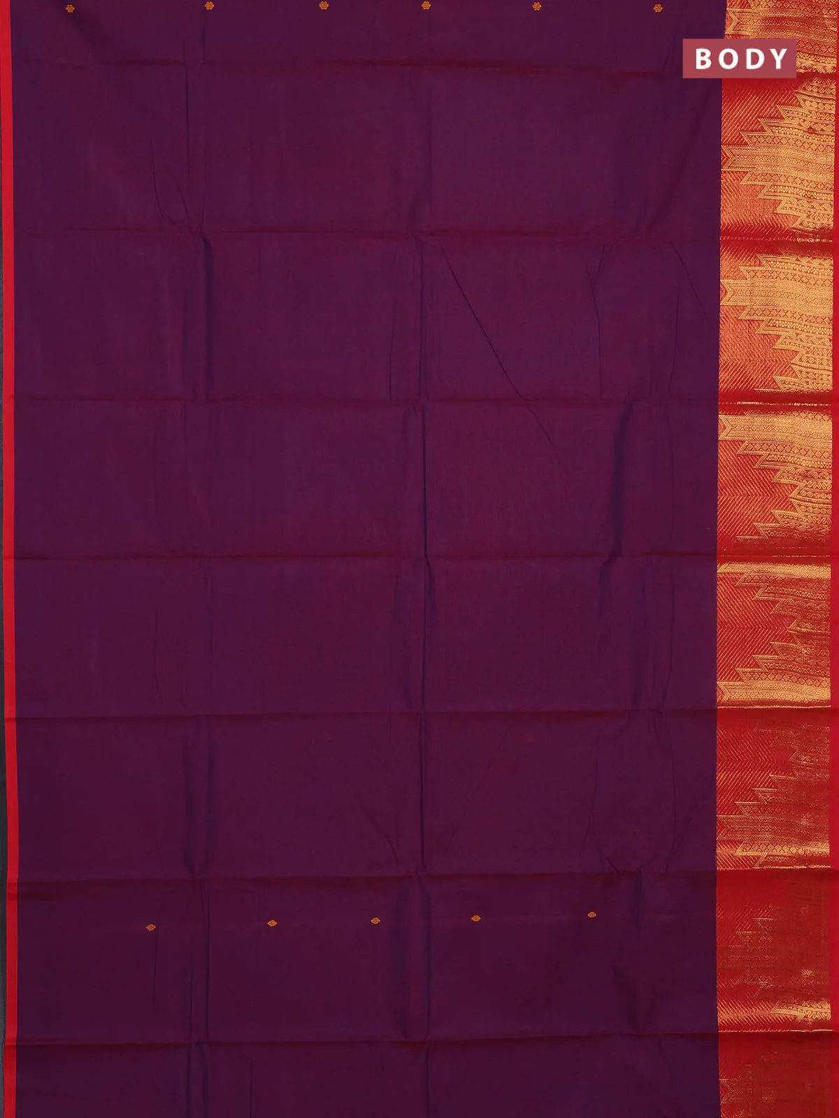 Chettinad cotton saree dual shade of purple and red with thread woven buttas and temple zari woven border - Image 2