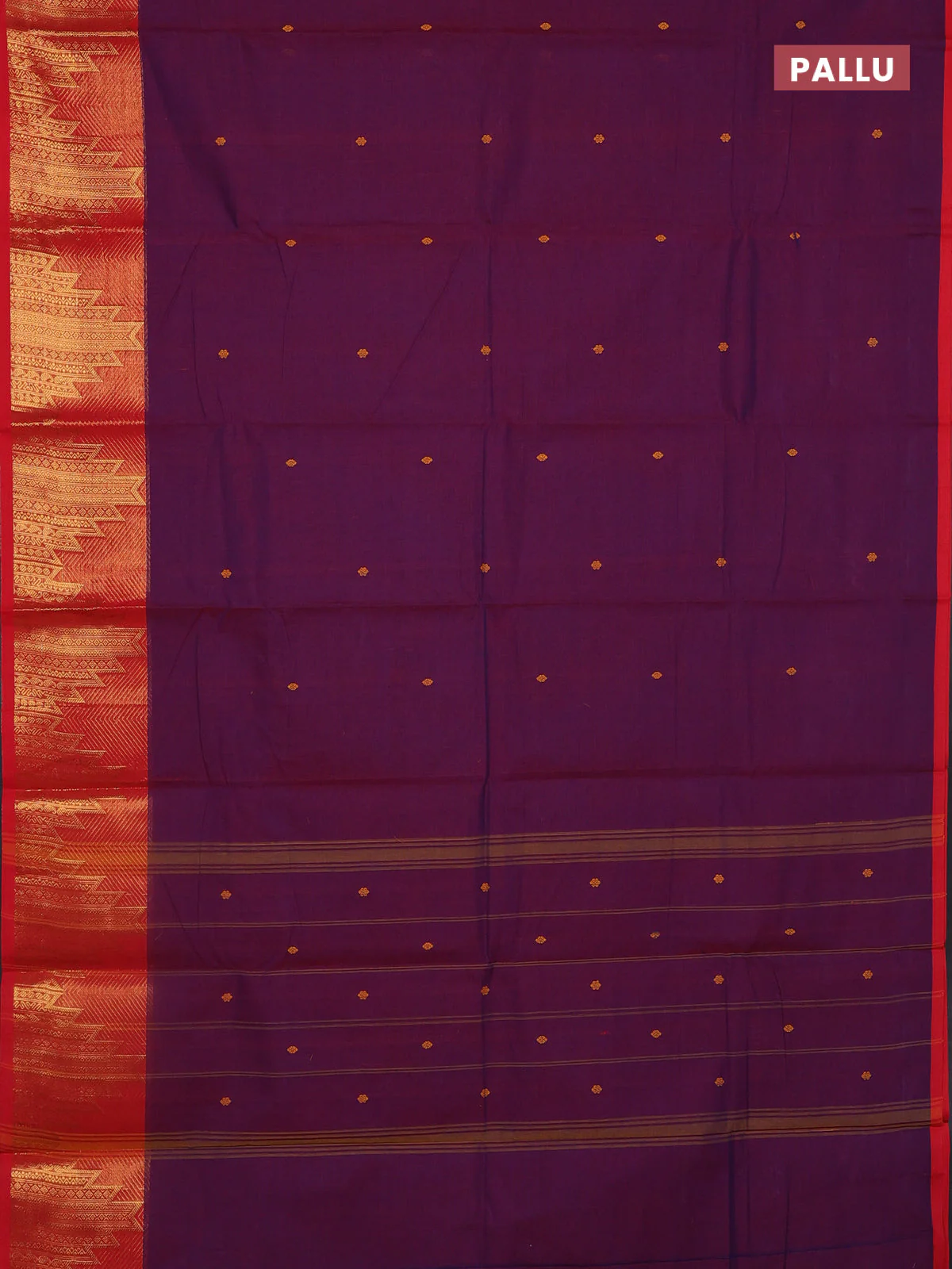 Chettinad cotton saree dual shade of purple and red with thread woven buttas and temple zari woven border - Image 3