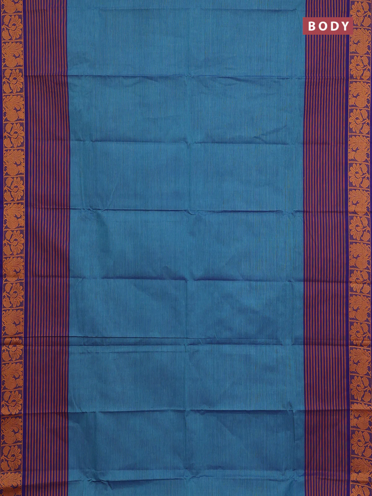 Chettinad cotton saree dual shade of teal blue and violet with plain body and long thread woven border - Image 2