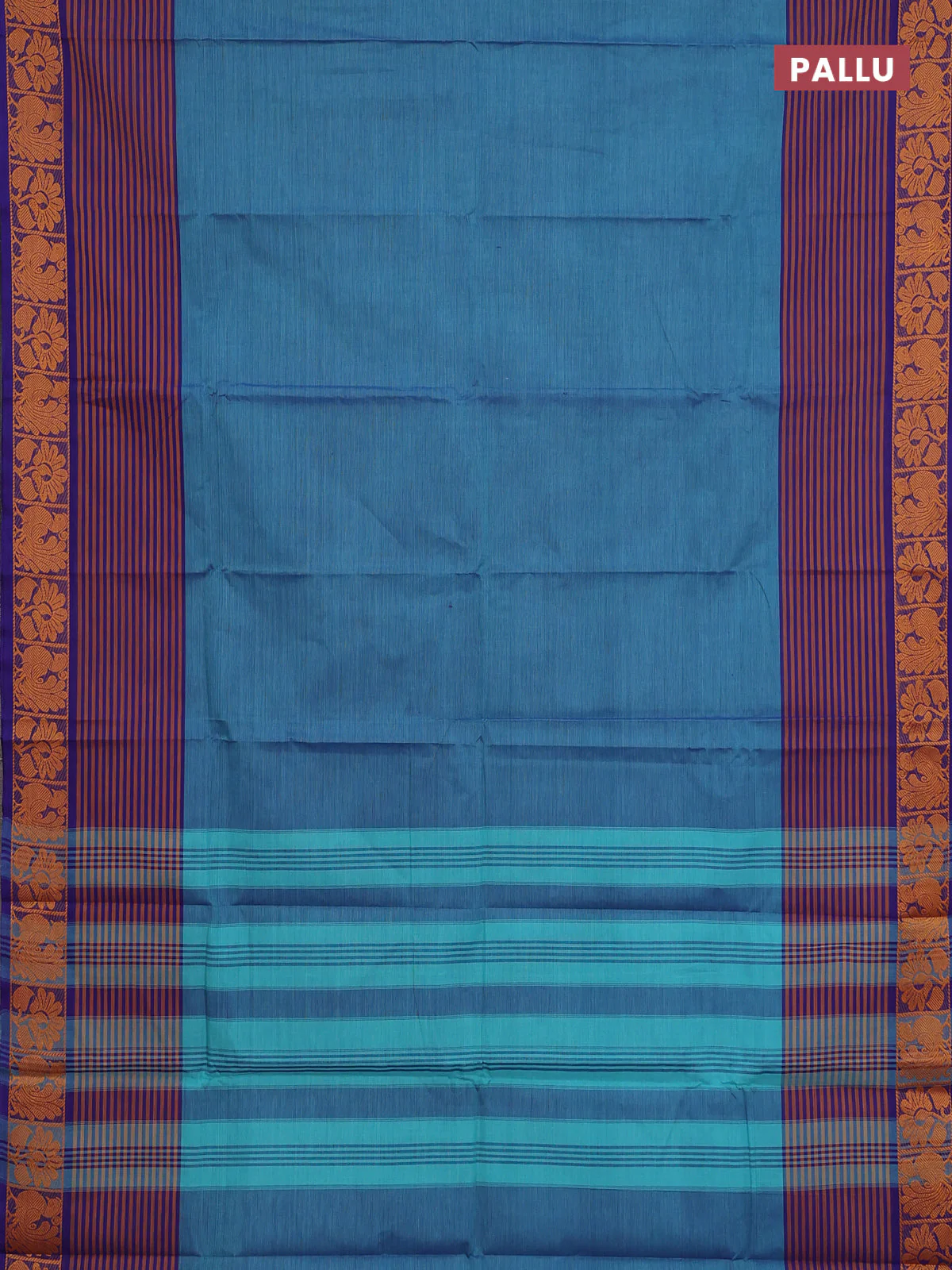 Chettinad cotton saree dual shade of teal blue and violet with plain body and long thread woven border - Image 3