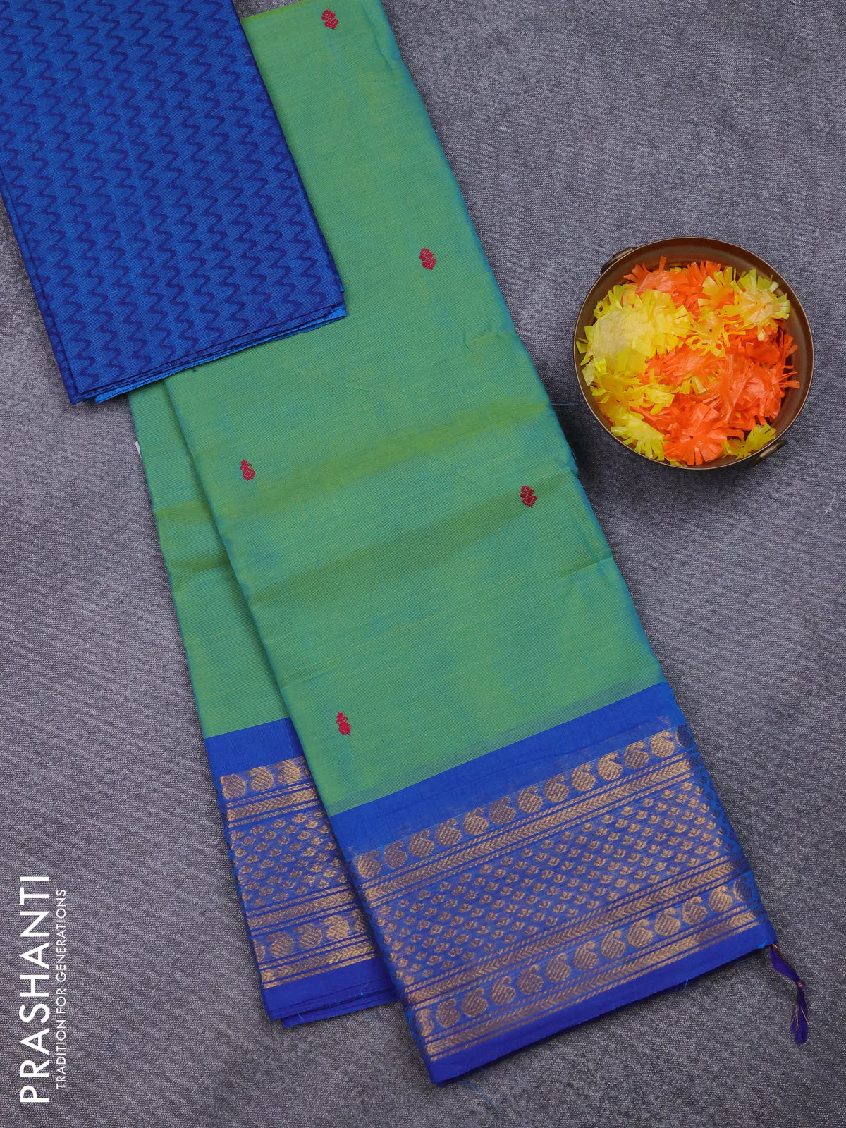 Chettinad cotton saree dual shade of teal green and blue with thread woven buttas and rettapet paisley zari woven butta border