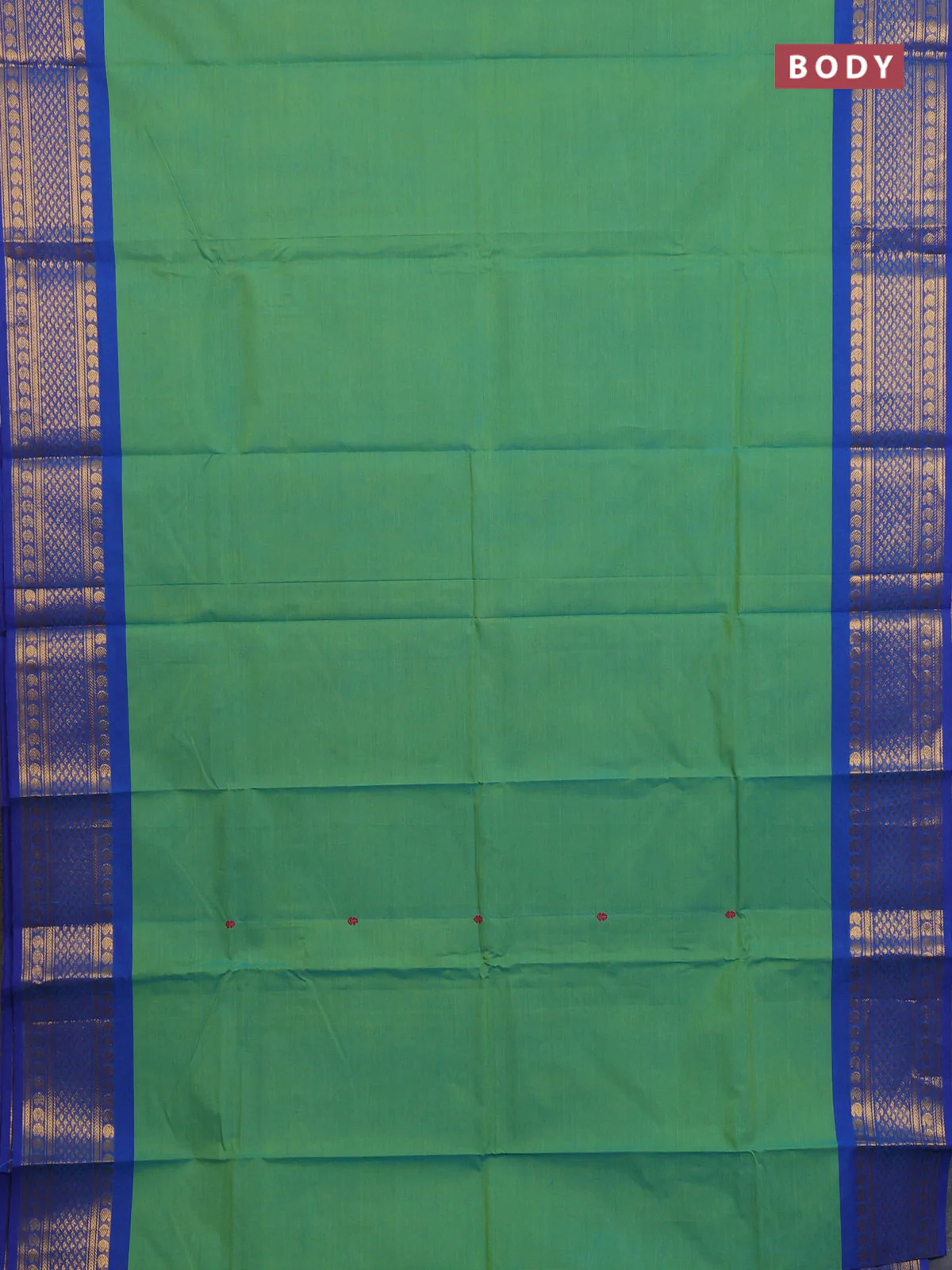 Chettinad cotton saree dual shade of teal green and blue with thread woven buttas and rettapet paisley zari woven butta border - Image 2