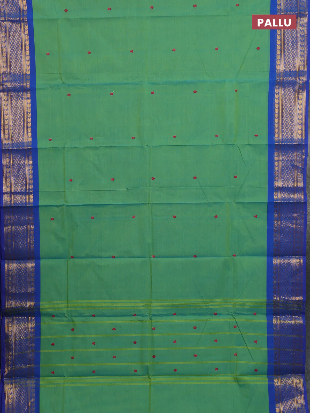 Chettinad cotton saree dual shade of teal green and blue with thread woven buttas and rettapet paisley zari woven butta border - Image 3