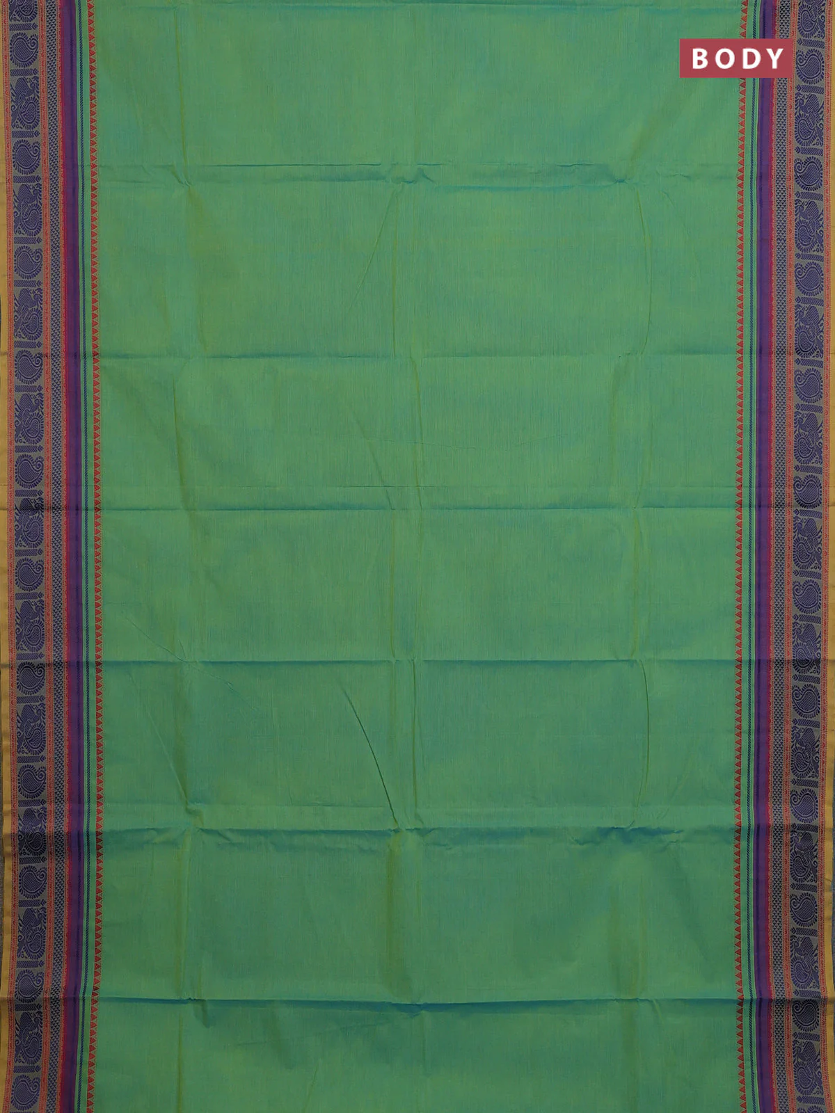 Chettinad cotton saree dual shade of teal green and mustard shade with plain body and thread woven border - Image 2