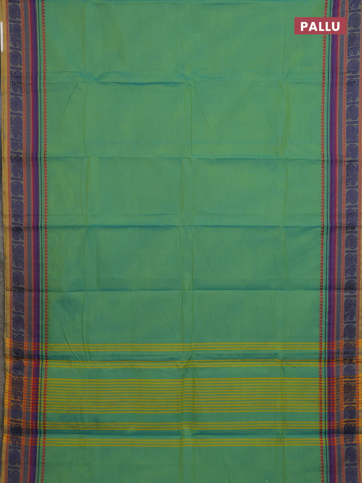 Chettinad cotton saree dual shade of teal green and mustard shade with plain body and thread woven border - Image 3