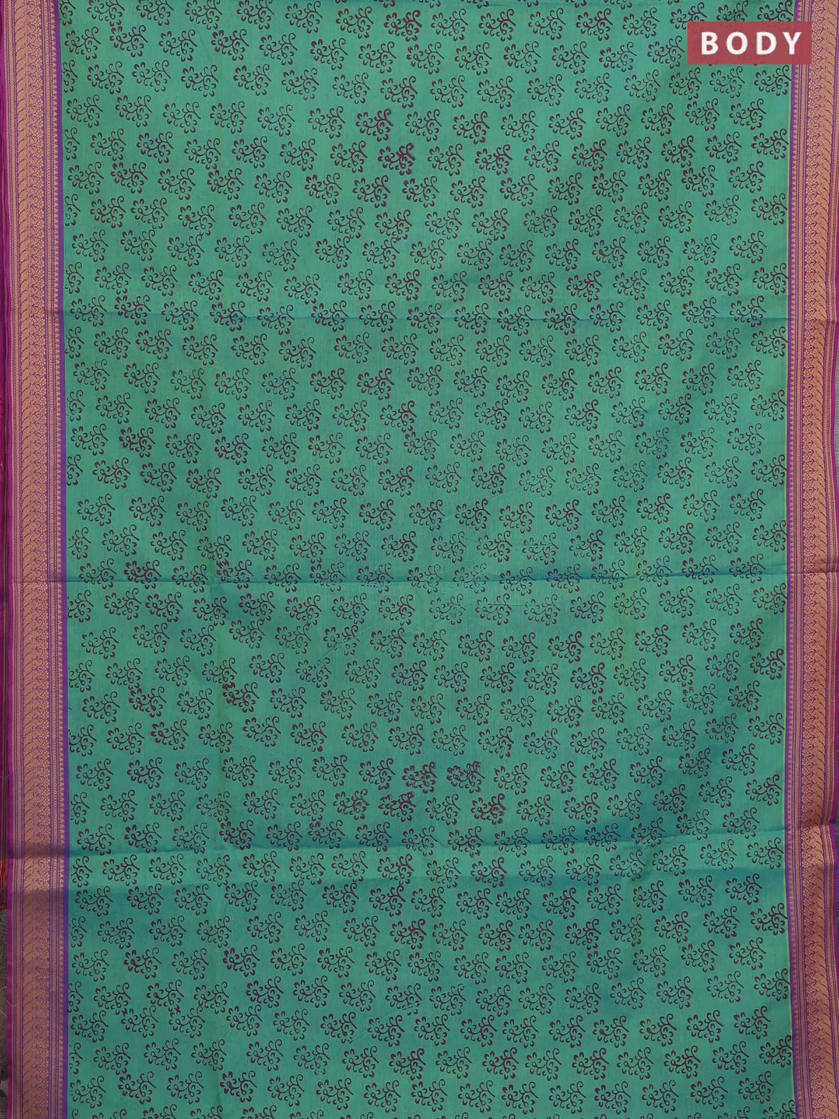 Chettinad cotton saree dual shade of teal green and purple with allover prints and thread woven border - Image 2