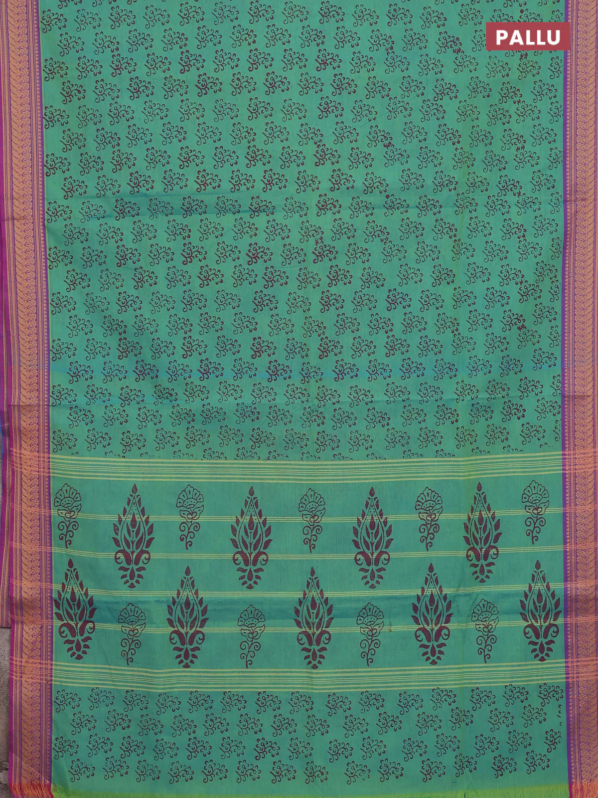 Chettinad cotton saree dual shade of teal green and purple with allover prints and thread woven border - Image 3