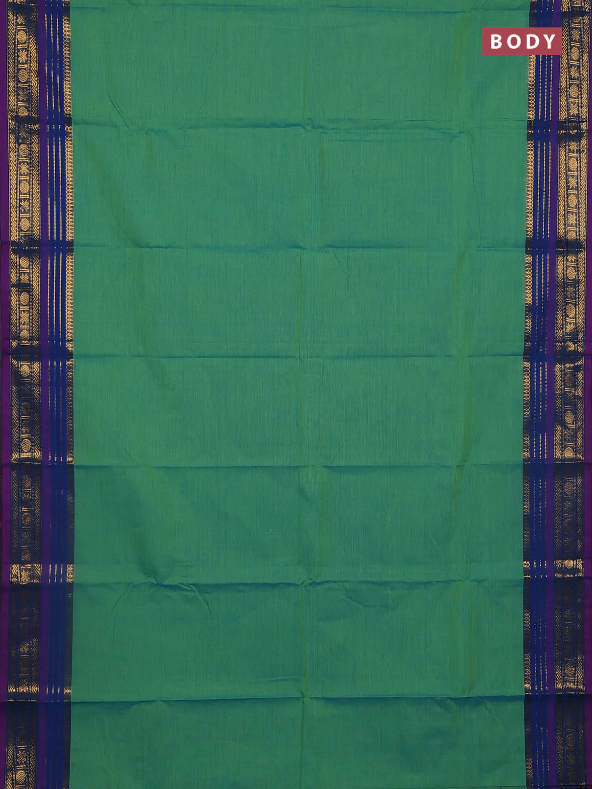 Chettinad cotton saree dual shade of teal green and purple with plain body and zari woven border - Image 2