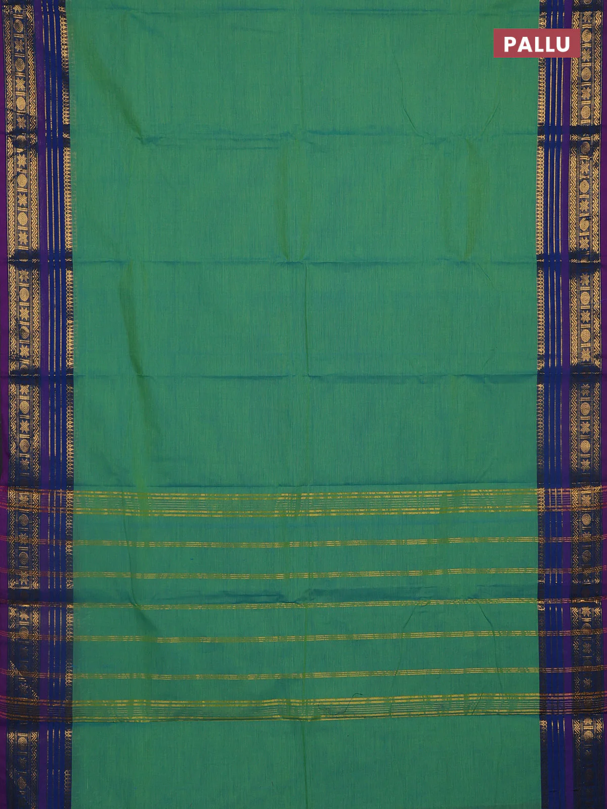 Chettinad cotton saree dual shade of teal green and purple with plain body and zari woven border - Image 3