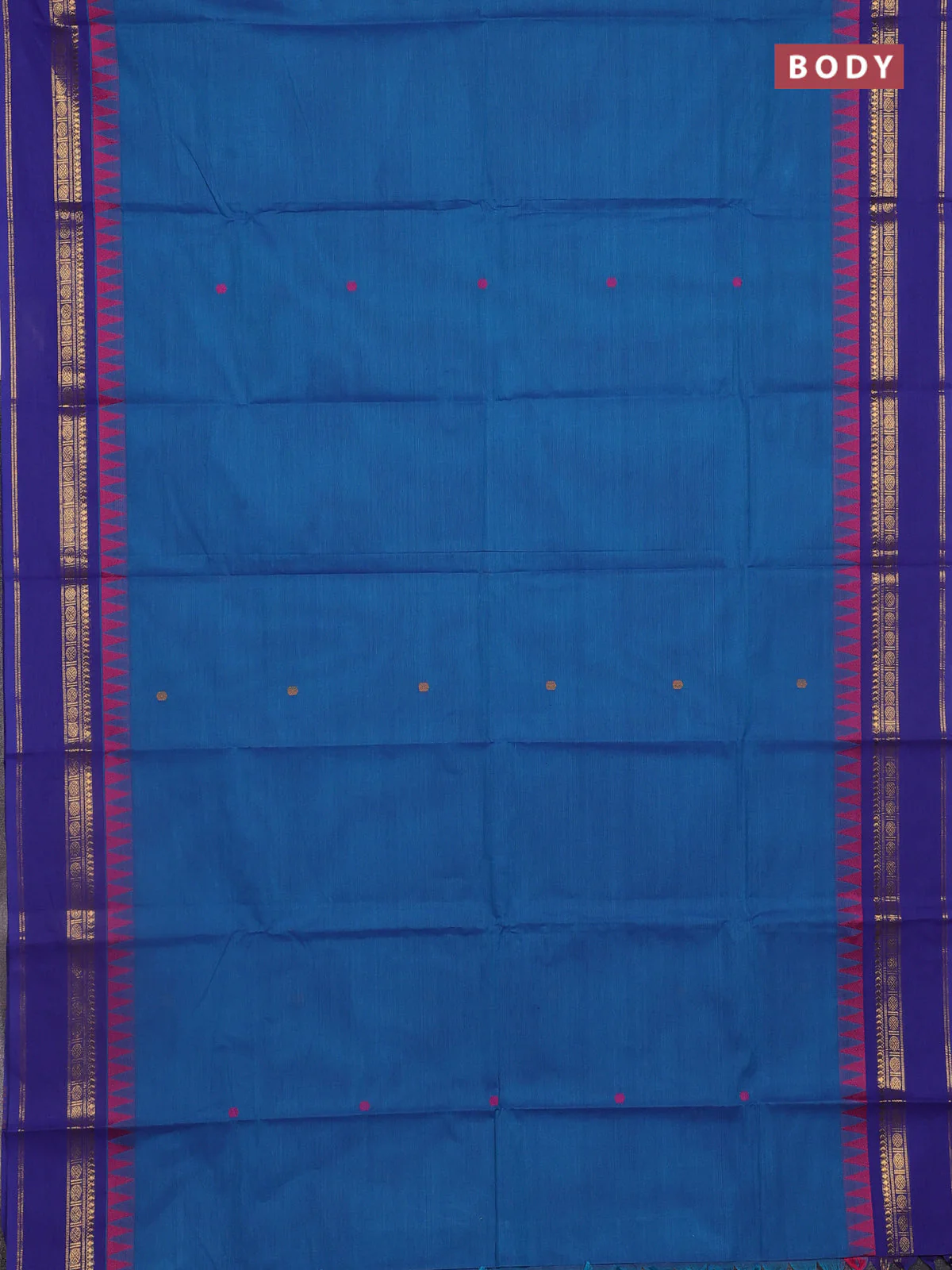 Chettinad cotton saree dual shae of blue and blue with thread woven buttas and temple design zari woven border - Image 2