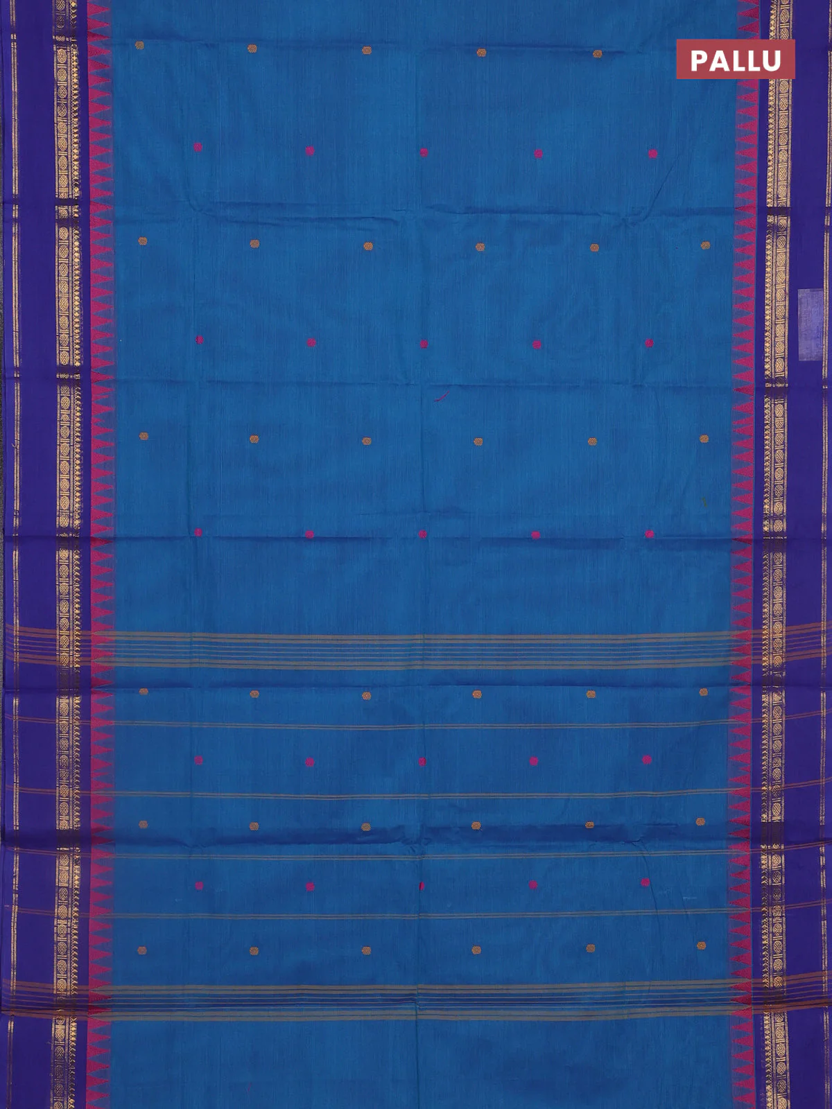 Chettinad cotton saree dual shae of blue and blue with thread woven buttas and temple design zari woven border - Image 3