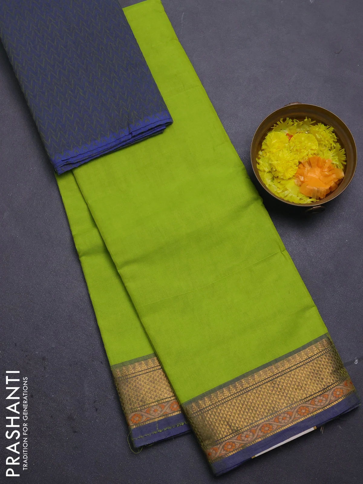 Chettinad cotton saree fluorescent green and blue with plain body and thread & zari woven border