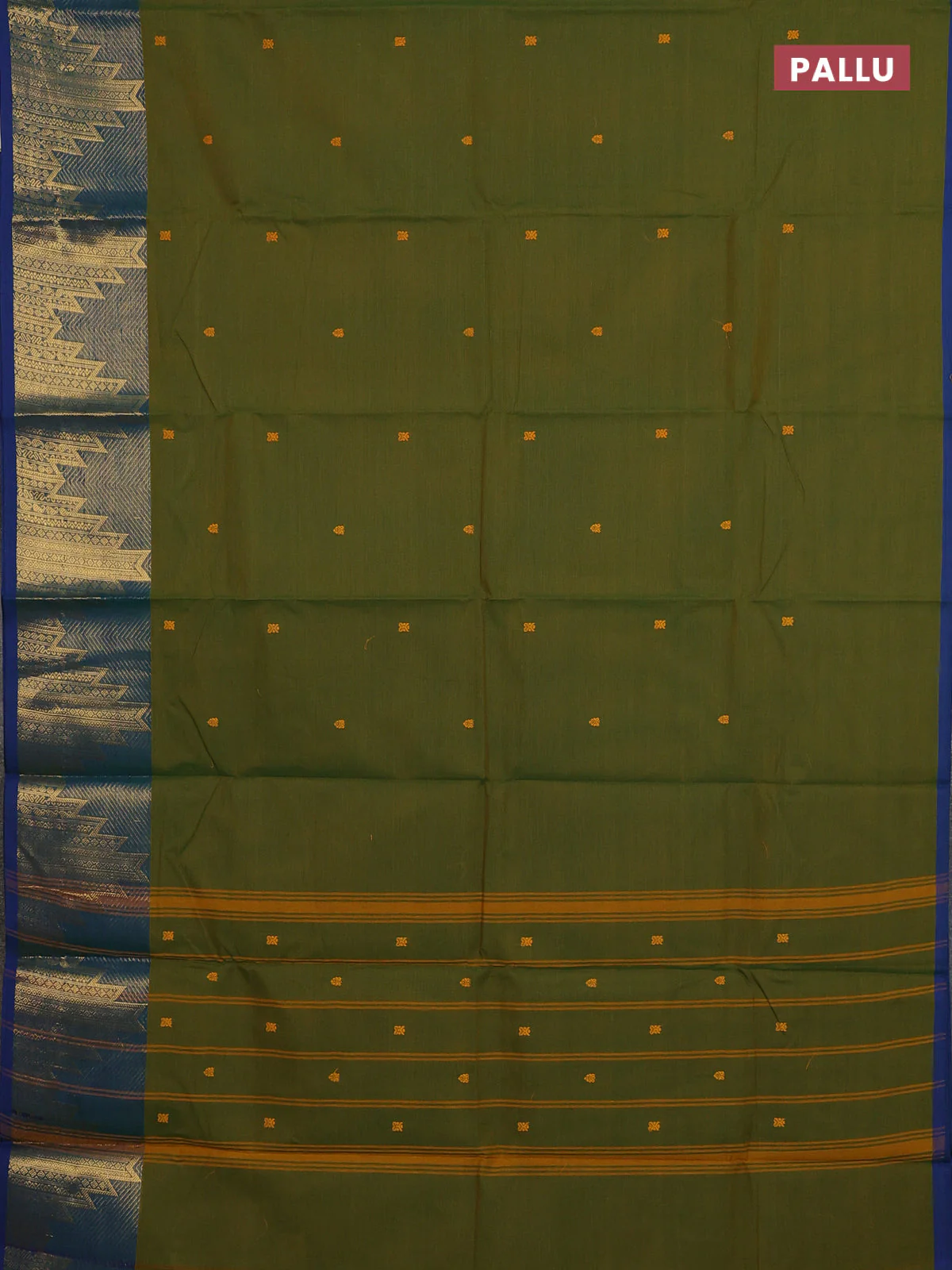 Chettinad cotton saree green and blue with thread woven buttas and temple zari woven border - Image 3