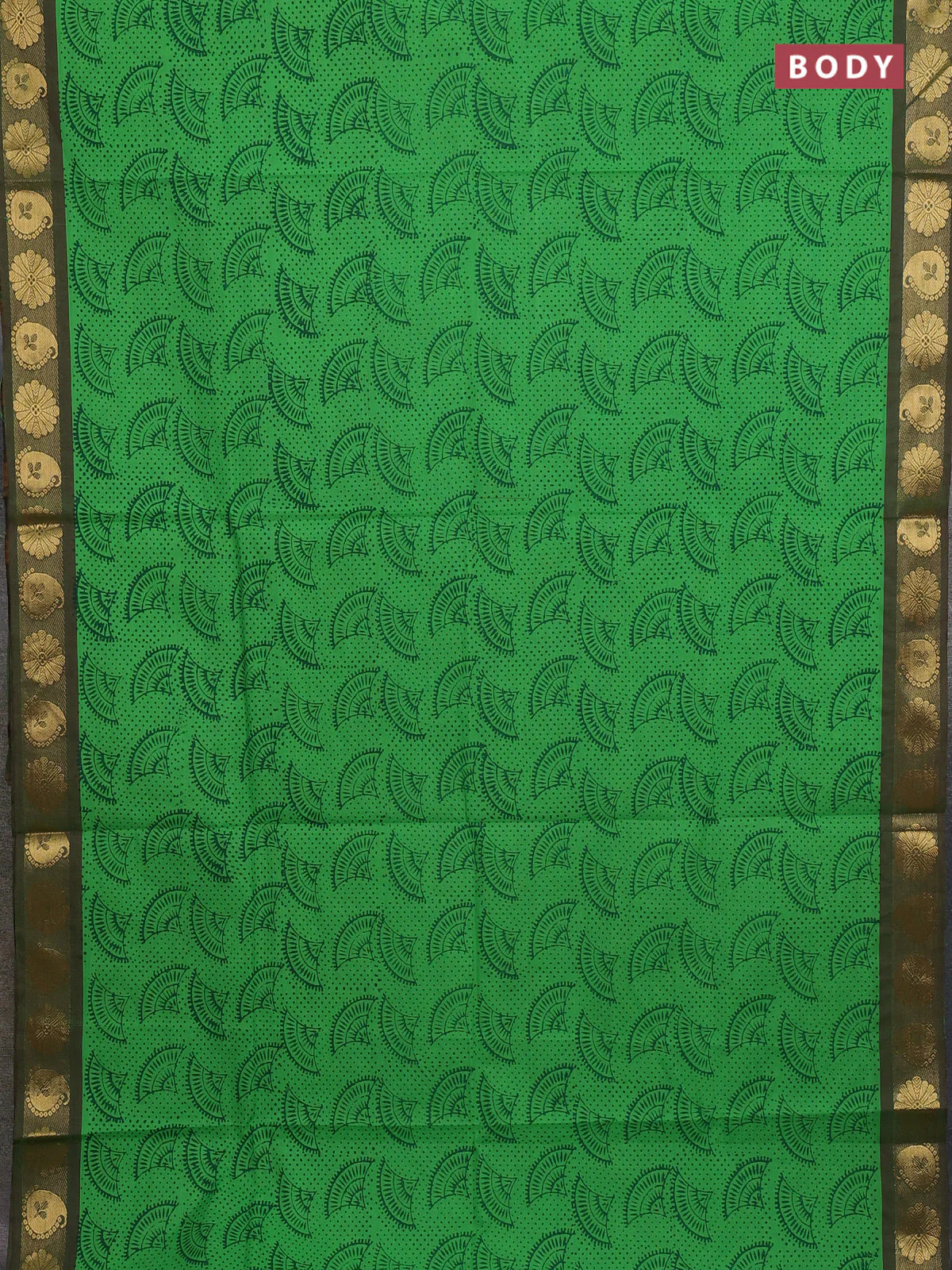 Chettinad cotton saree green and dual shade of greenish maroon with allover prints and zari woven border - Image 2