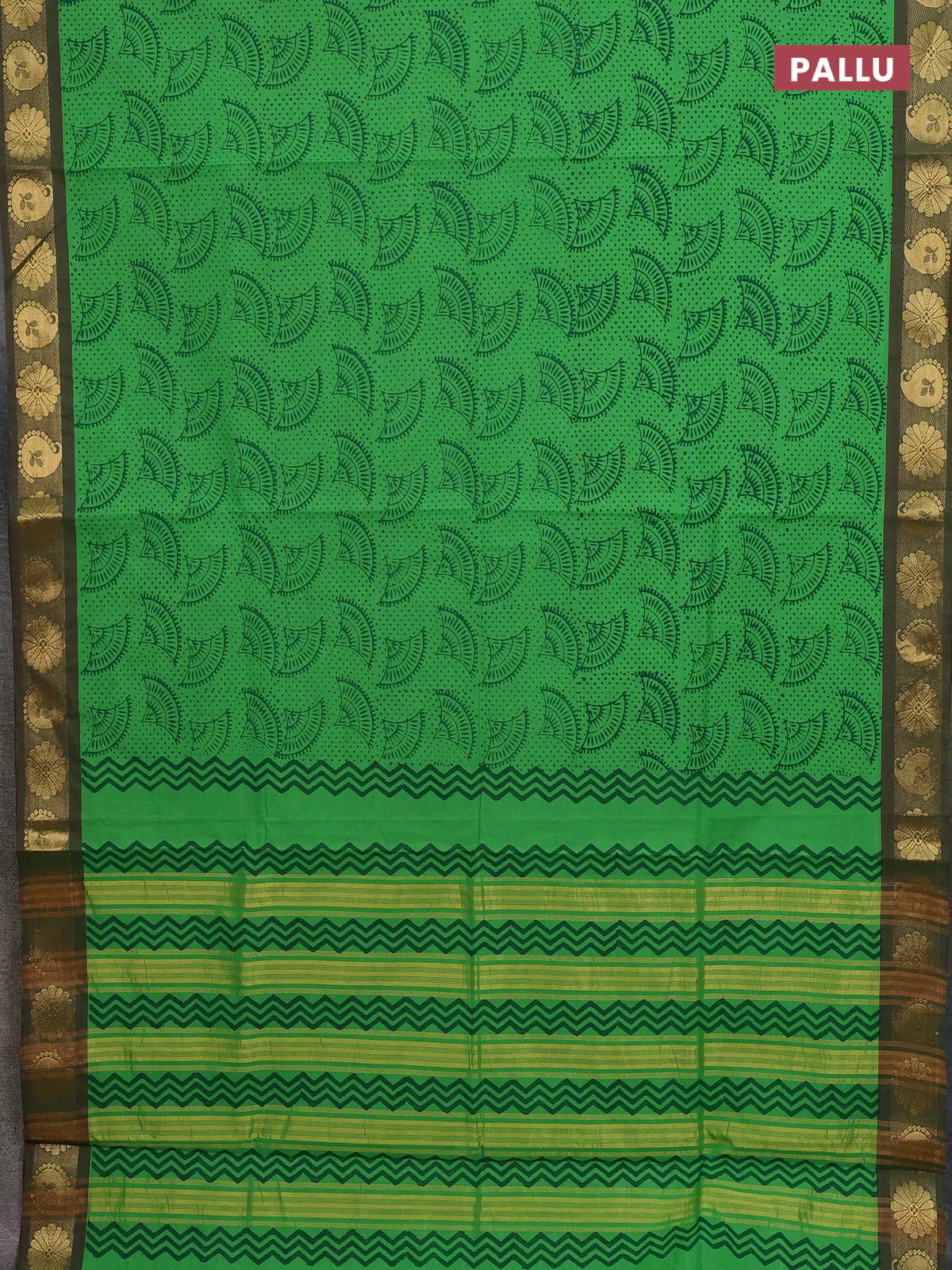 Chettinad cotton saree green and dual shade of greenish maroon with allover prints and zari woven border - Image 3