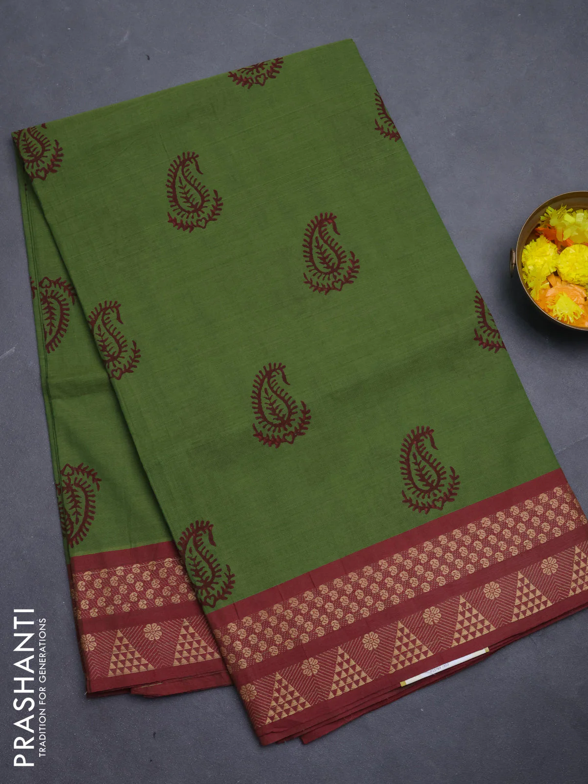Chettinad cotton saree green and maroon with allover paisley prints and thread woven border