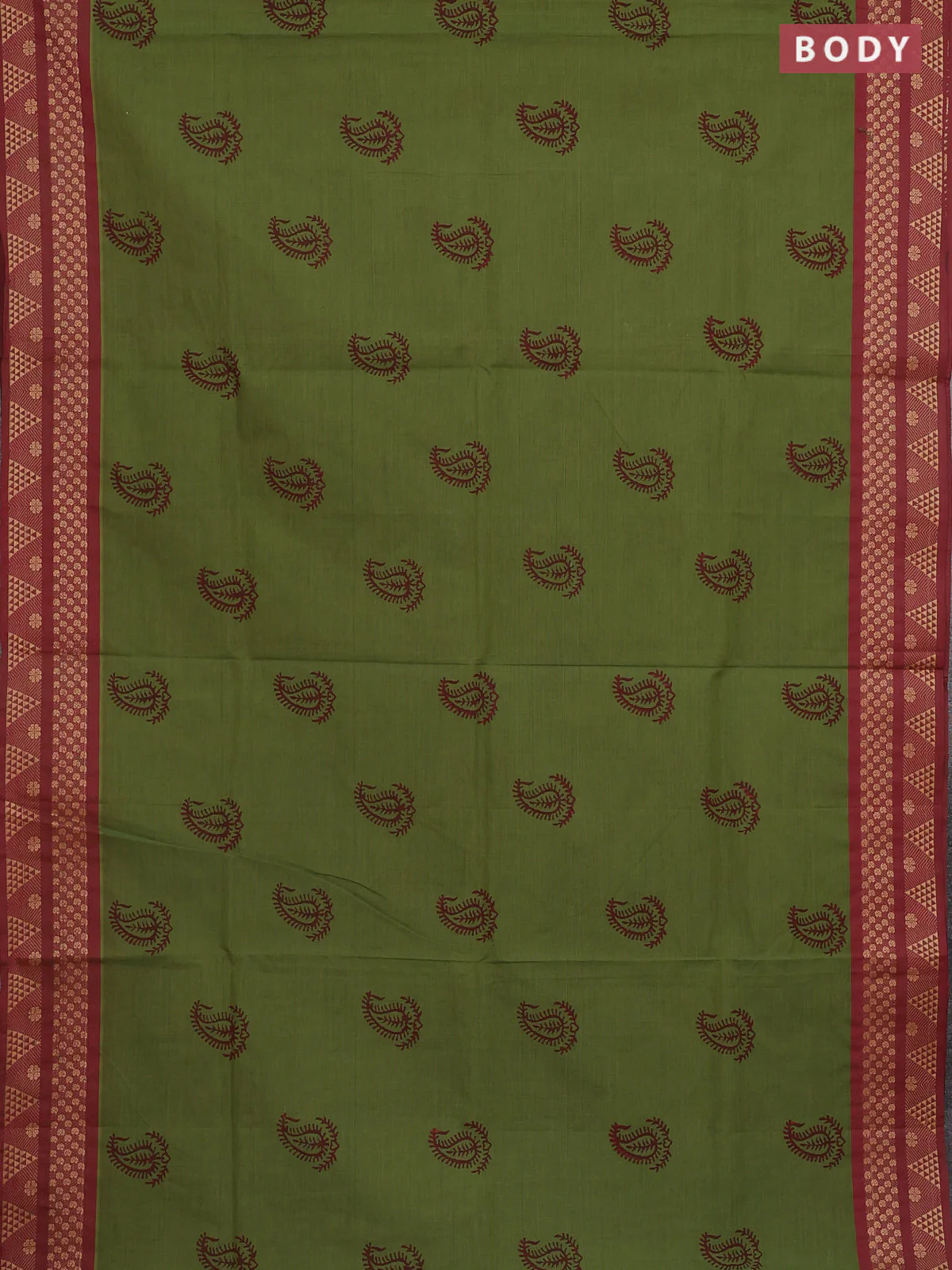 Chettinad cotton saree green and maroon with allover paisley prints and thread woven border - Image 2