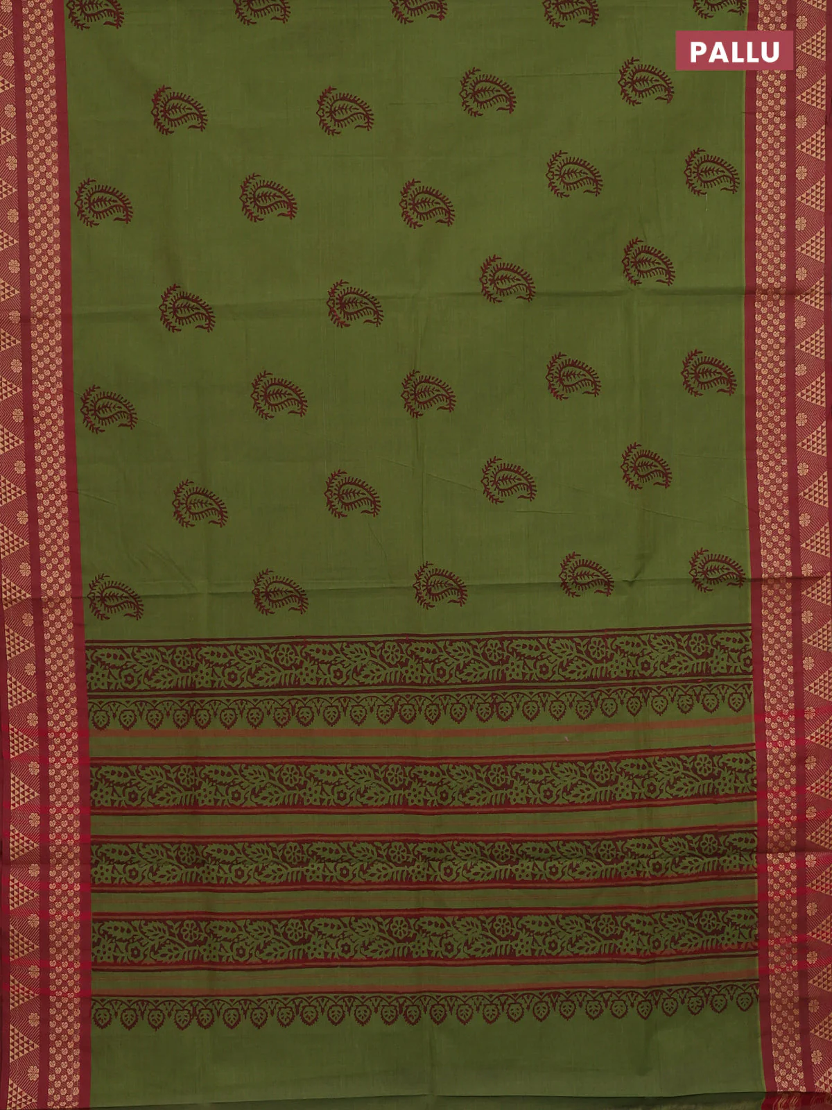 Chettinad cotton saree green and maroon with allover paisley prints and thread woven border - Image 3