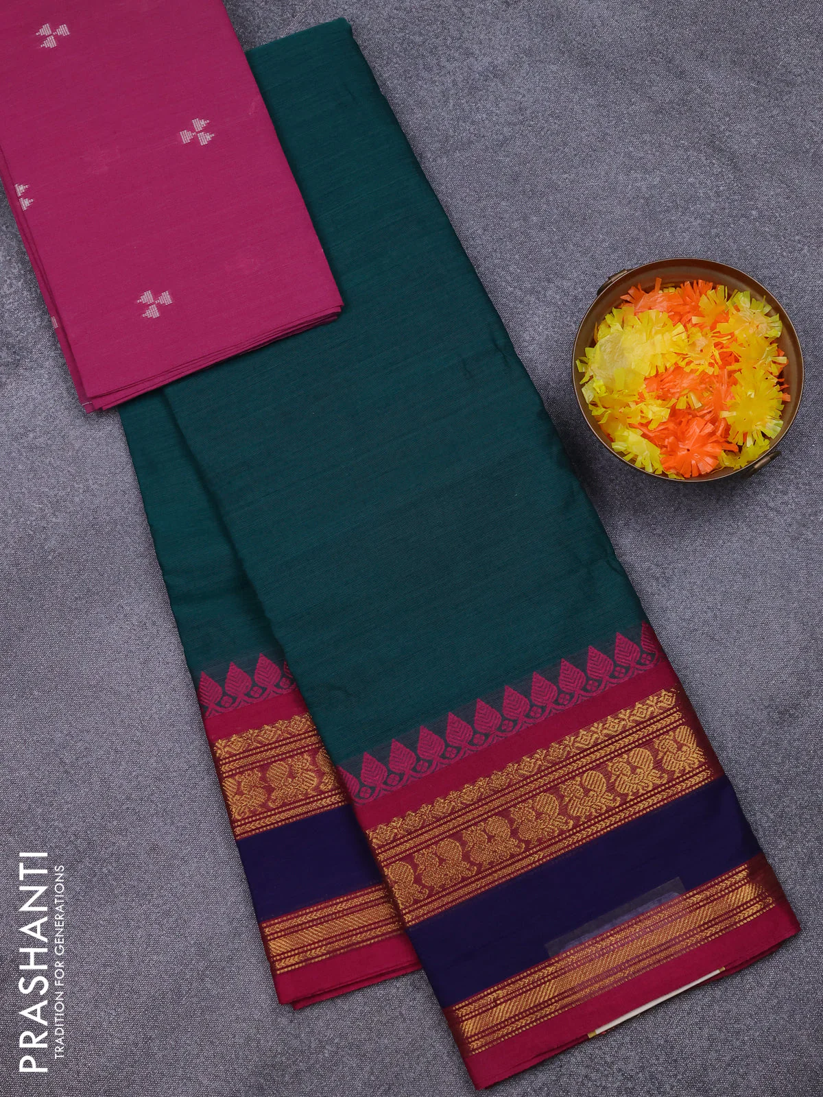 Chettinad cotton saree green and pink with plain body and thread & zari woven border