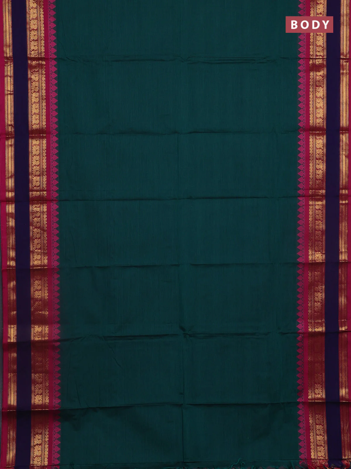 Chettinad cotton saree green and pink with plain body and thread & zari woven border - Image 2