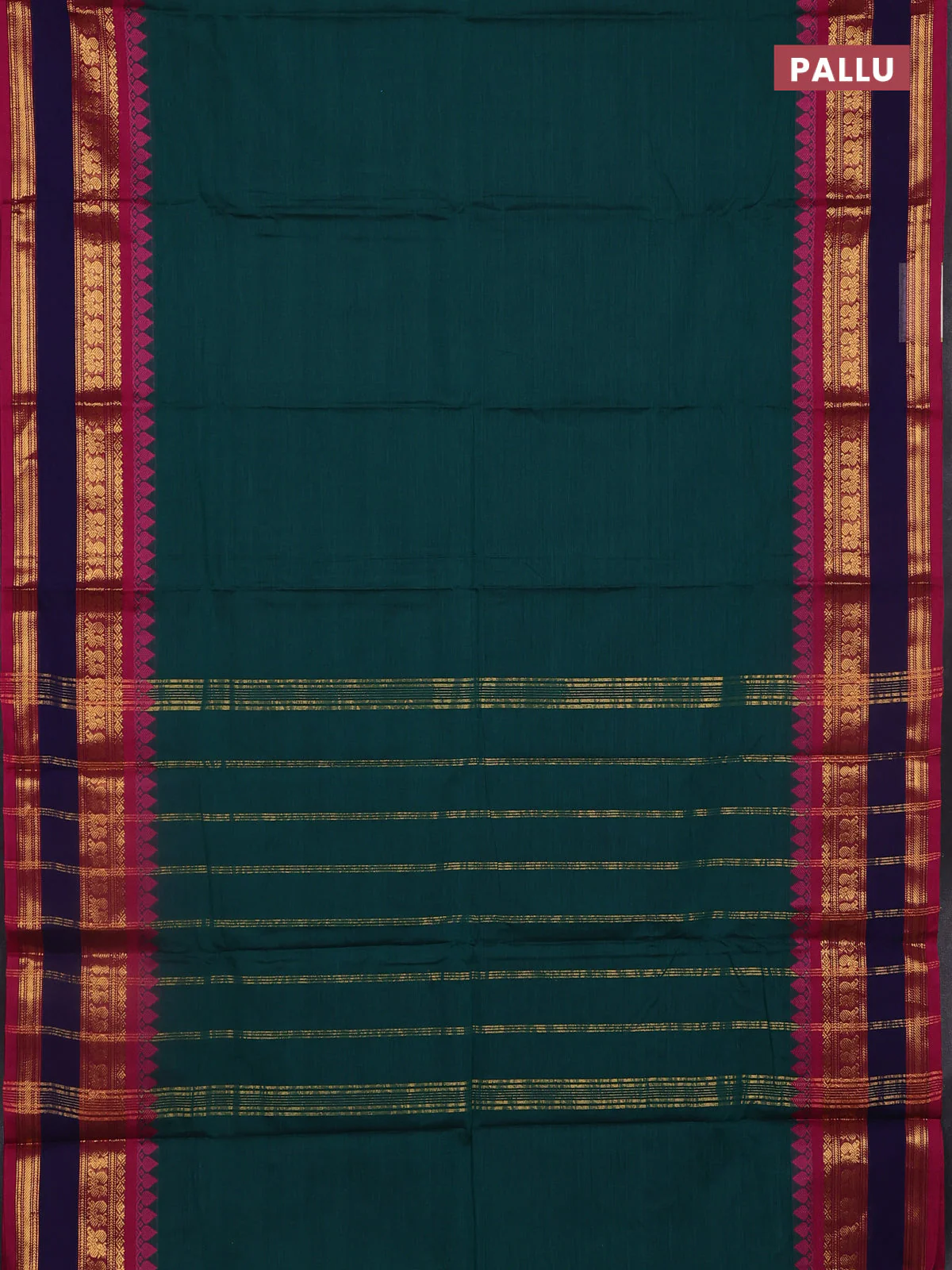 Chettinad cotton saree green and pink with plain body and thread & zari woven border - Image 3