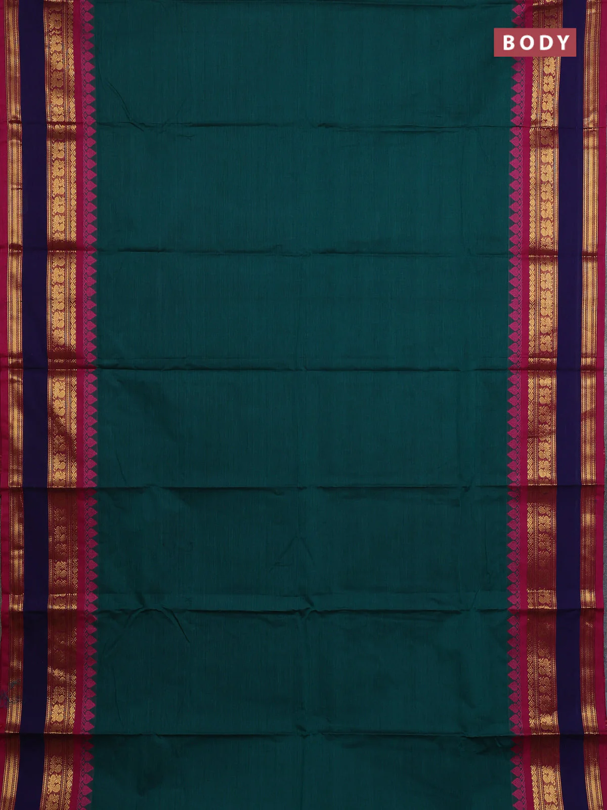 Chettinad cotton saree green and purple with plain body and temple design rettapet zari woven border - Image 2