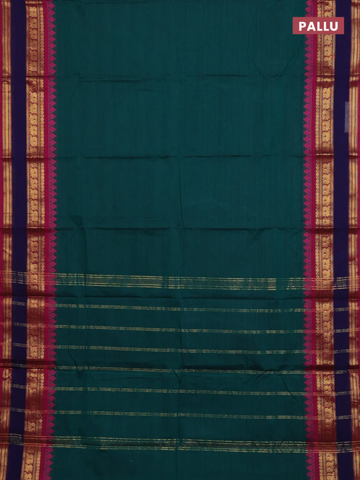 Chettinad cotton saree green and purple with plain body and temple design rettapet zari woven border - Image 3