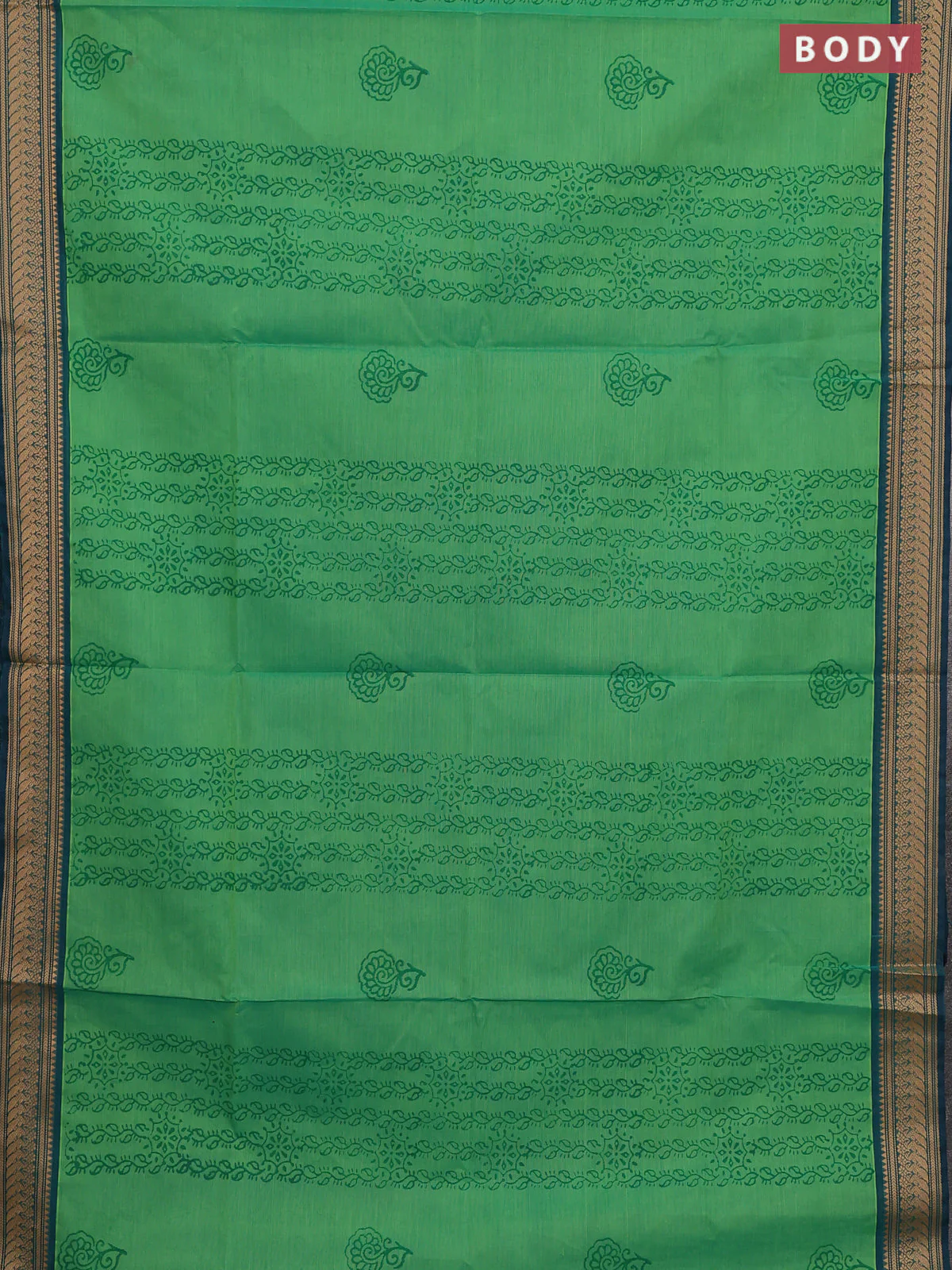 Chettinad cotton saree green and teal green with allover prints and temple thread woven border - Image 2