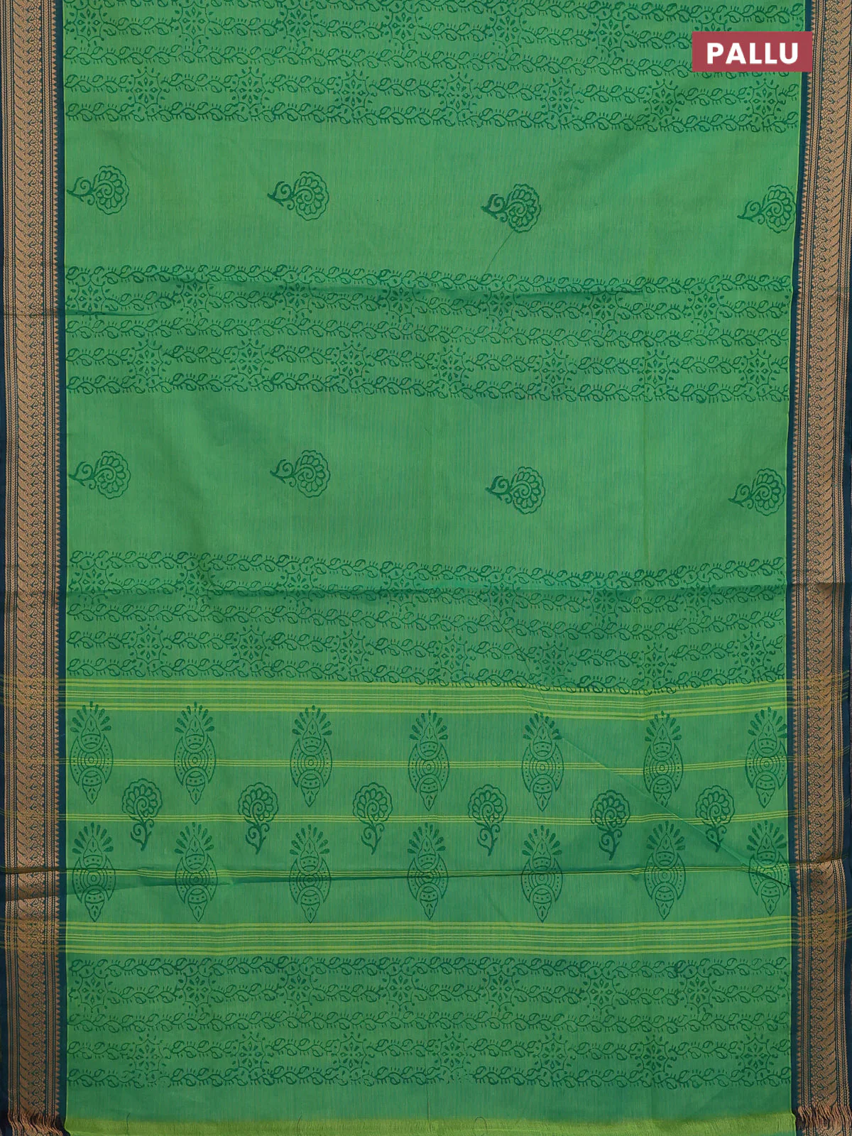 Chettinad cotton saree green and teal green with allover prints and temple thread woven border - Image 3