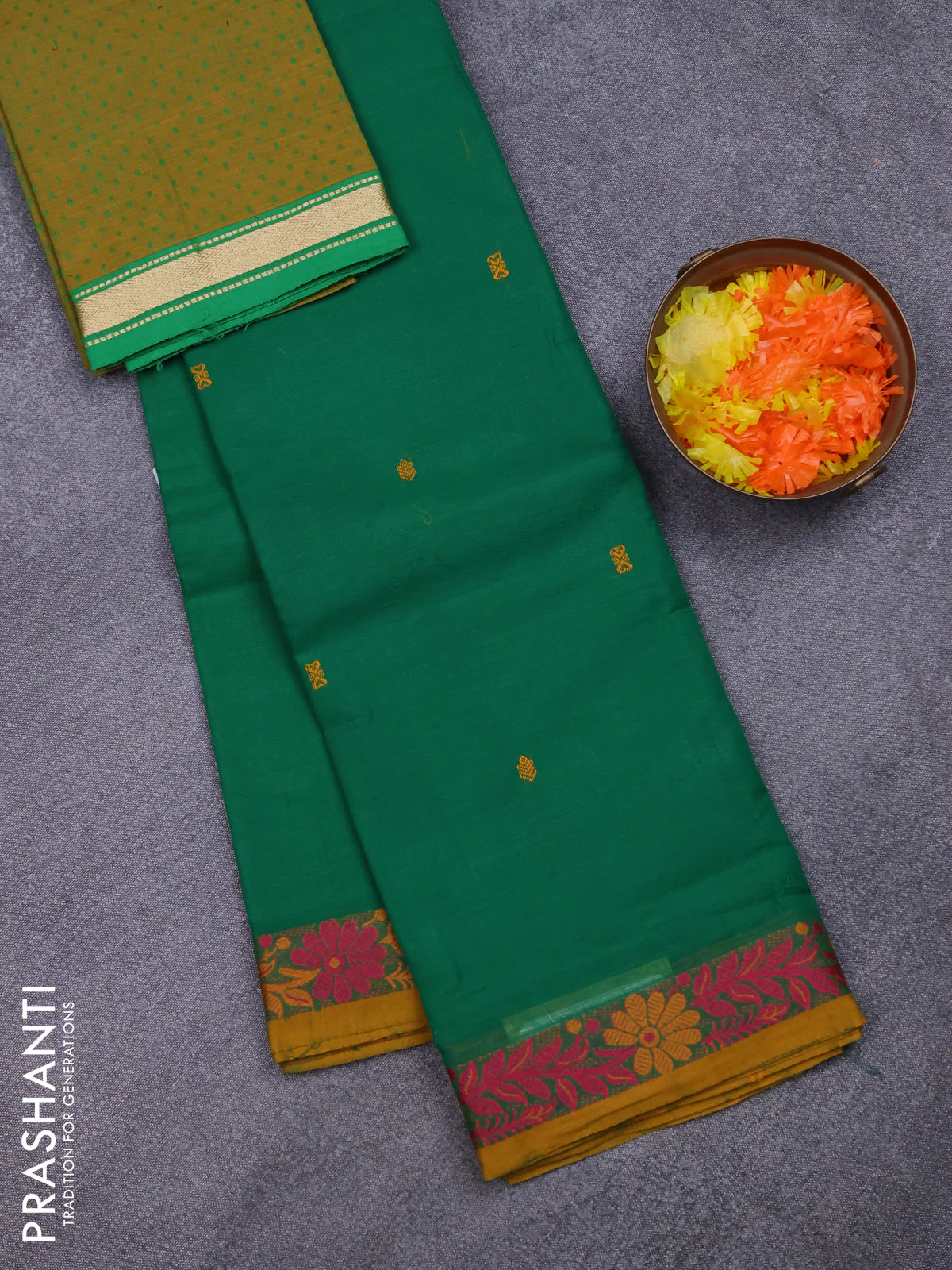 Chettinad cotton saree green and yellow with thread woven buttas and thread woven border