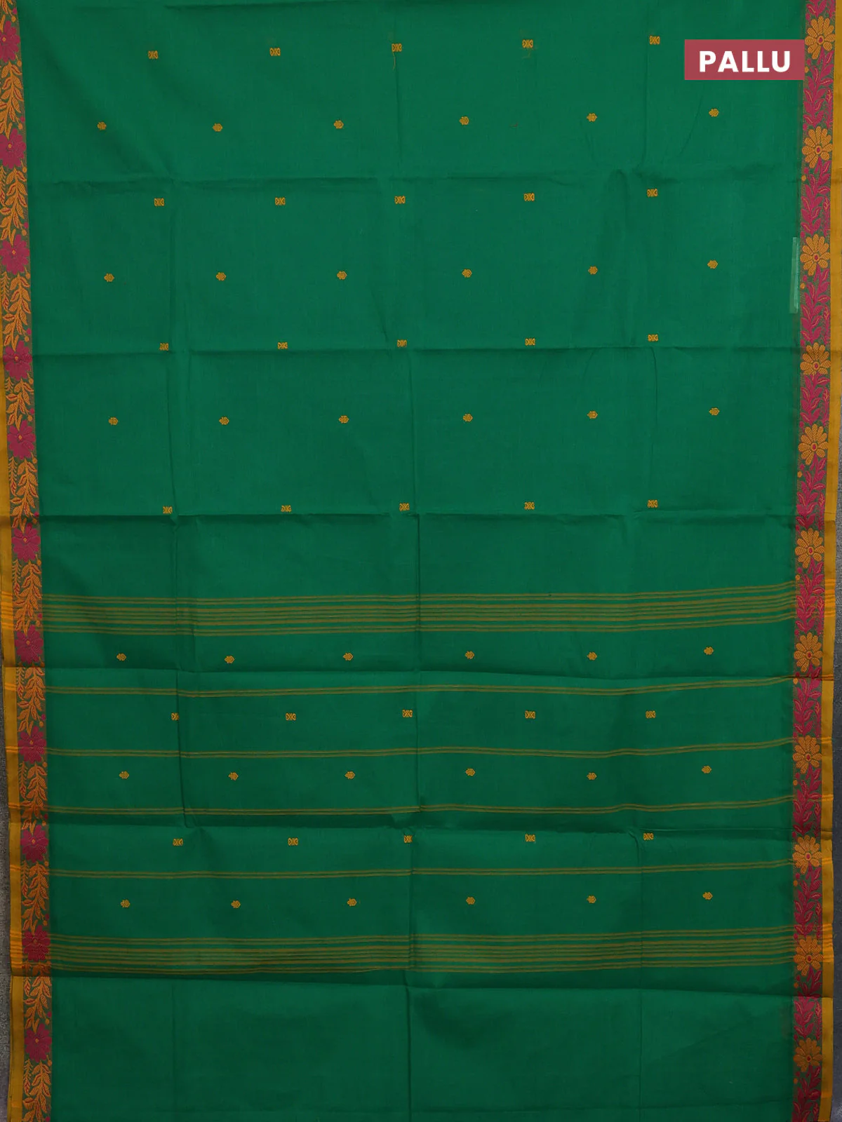 Chettinad cotton saree green and yellow with thread woven buttas and thread woven border - Image 3