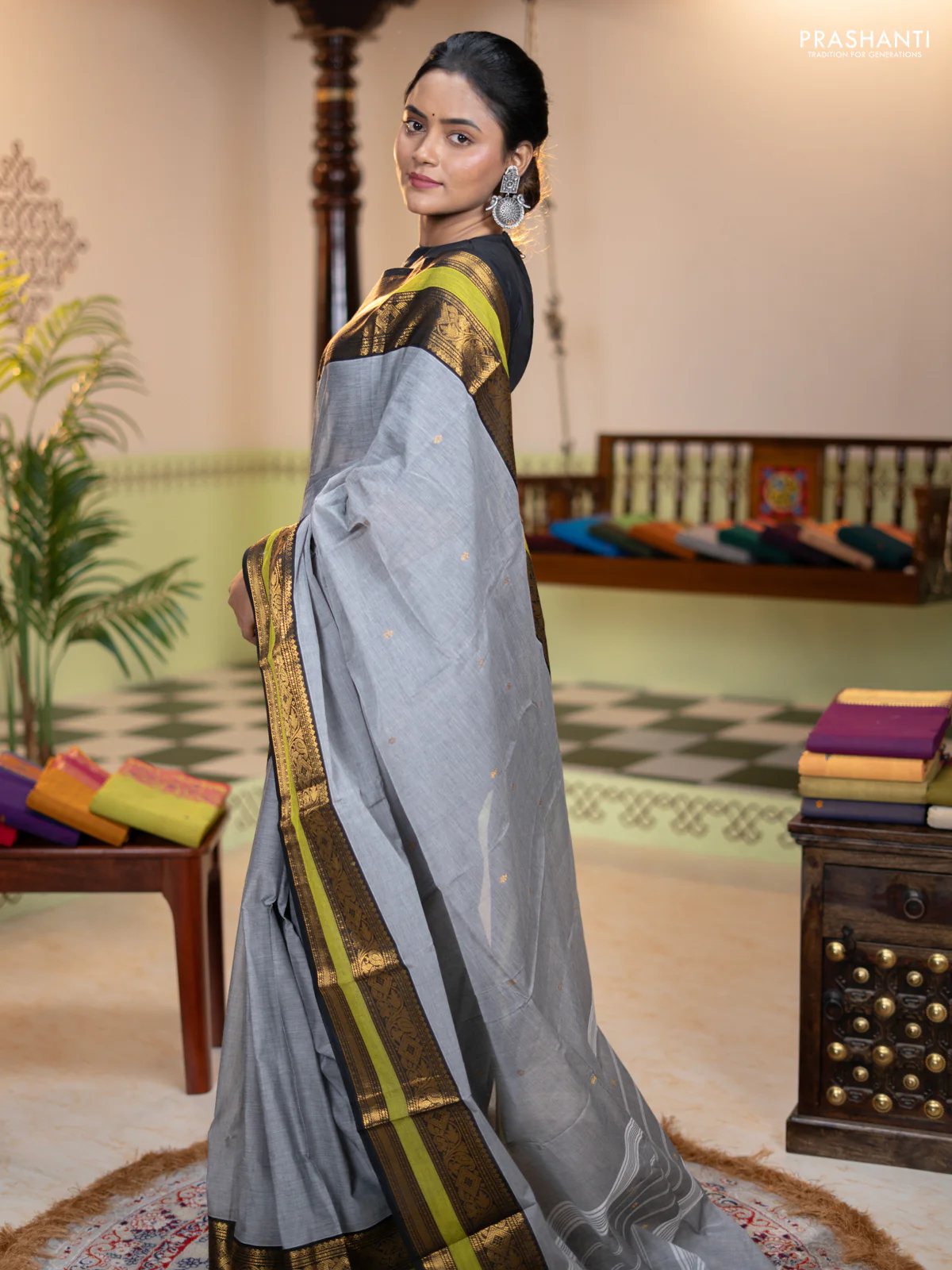 Chettinad cotton saree grey and light green with zari woven buttas and zari woven border - Image 2