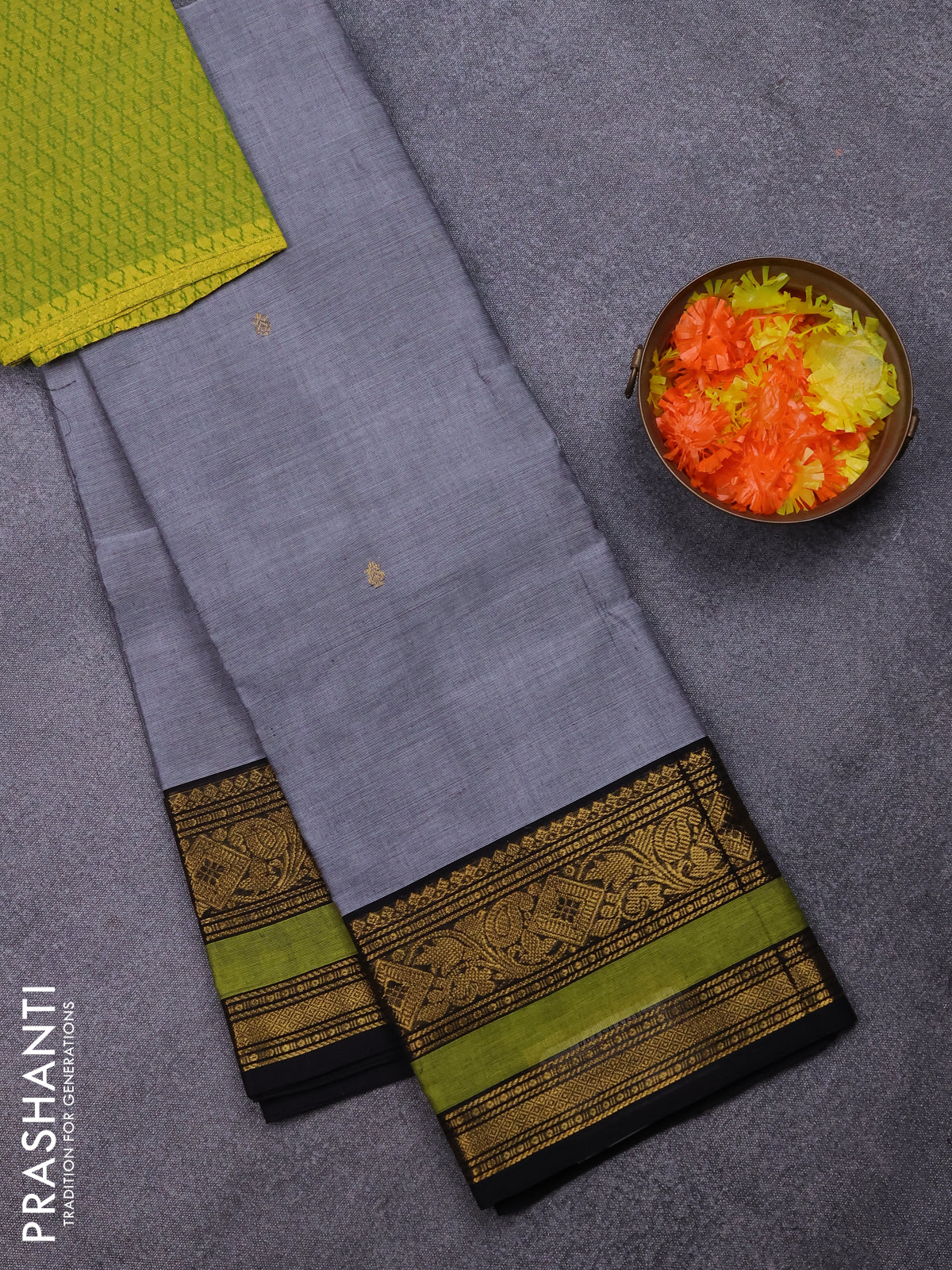 Chettinad cotton saree grey and light green with zari woven buttas and zari woven border - Image 3