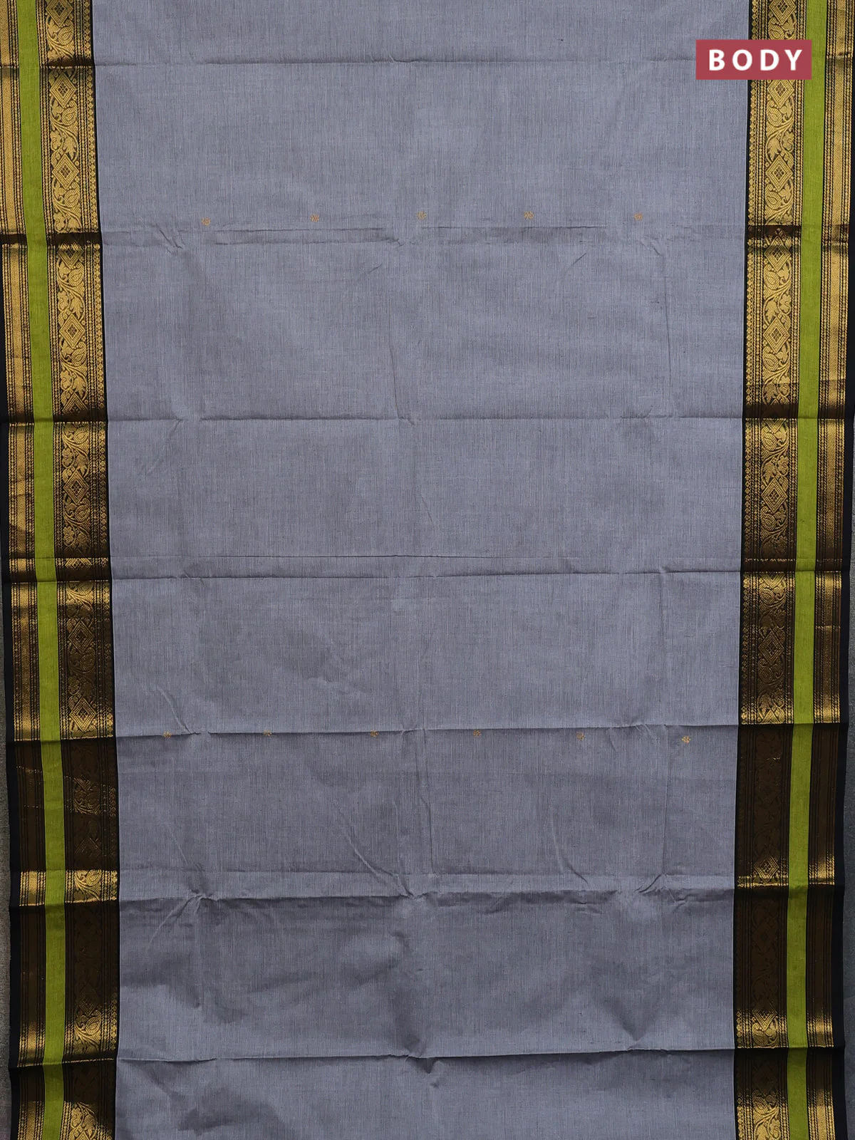 Chettinad cotton saree grey and light green with zari woven buttas and zari woven border - Image 4