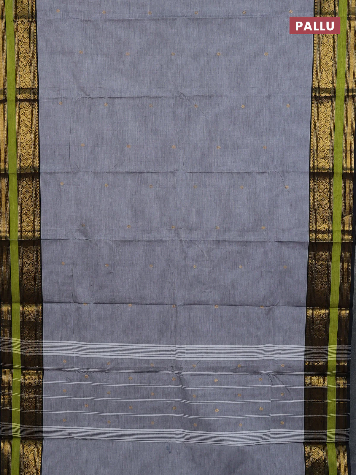 Chettinad cotton saree grey and light green with zari woven buttas and zari woven border - Image 5