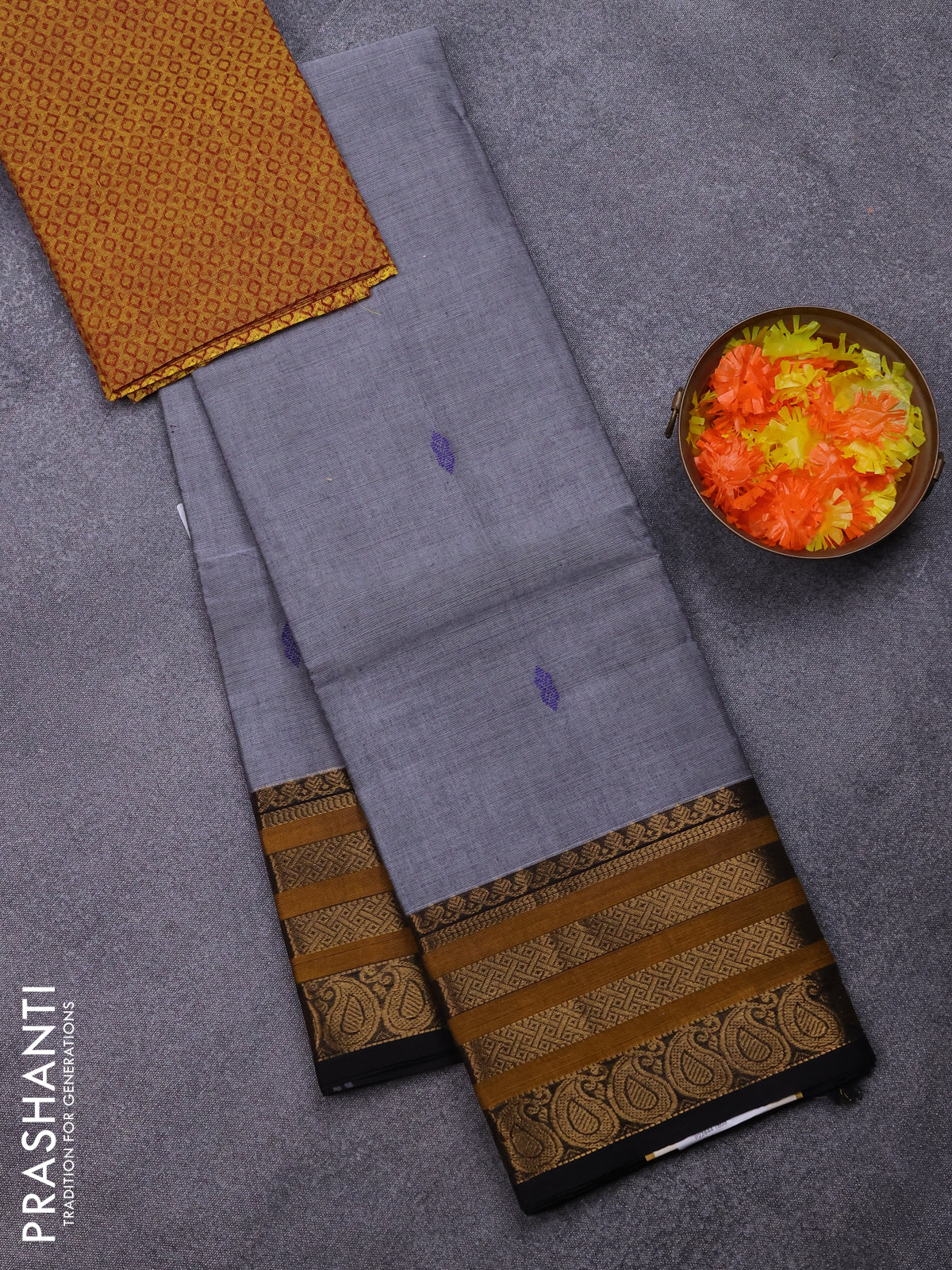 Chettinad cotton saree grey and mustard yellow with thread woven buttas and zari woven border